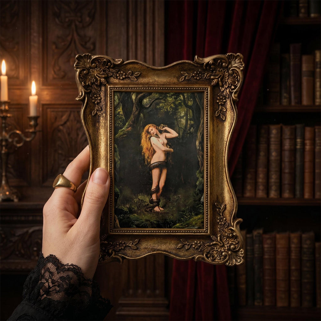 Lilith and Snake Oil Painting, Dark Academia Goddess Wall Art, Mythological Woman Framed Canvas, Gothic Forest Decor, Vintage Golden Frame