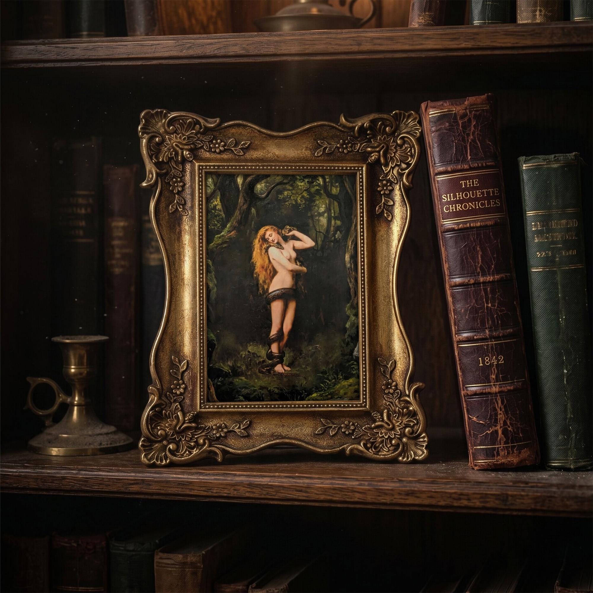 Lilith and Snake Oil Painting, Dark Academia Goddess Wall Art, Mythological Woman Framed Canvas, Gothic Forest Decor, Vintage Golden Frame