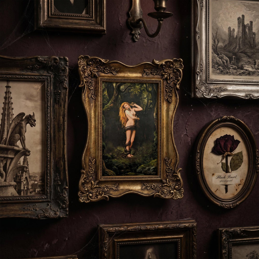 Lilith and Snake Oil Painting, Dark Academia Goddess Wall Art, Mythological Woman Framed Canvas, Gothic Forest Decor, Vintage Golden Frame