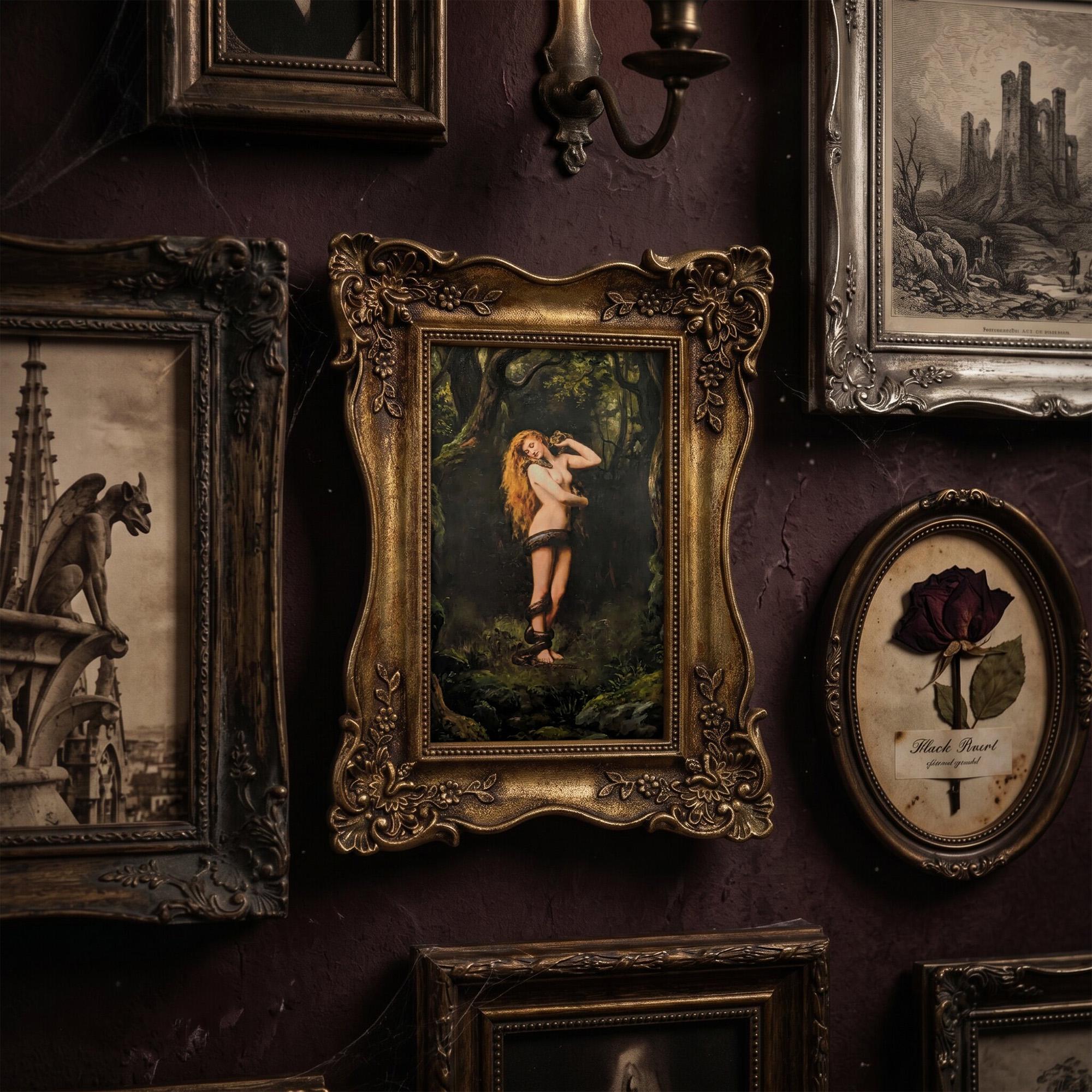 Lilith and Snake Oil Painting, Dark Academia Goddess Wall Art, Mythological Woman Framed Canvas, Gothic Forest Decor, Vintage Golden Frame