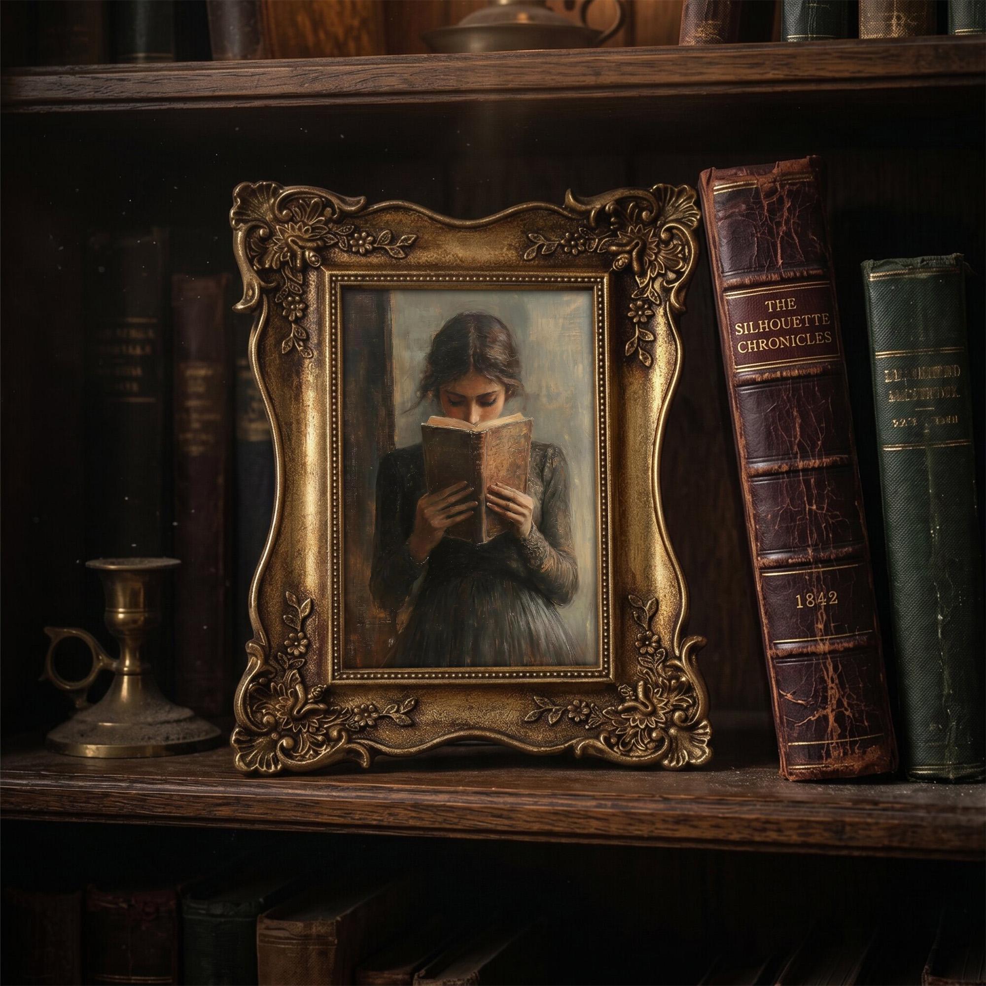 Vintage Woman Reading Painting, Ornate Gold Framed Dark Academia Decor, Moody Book Lover Wall Art, High-Quality Resin Frame & Canvas Print