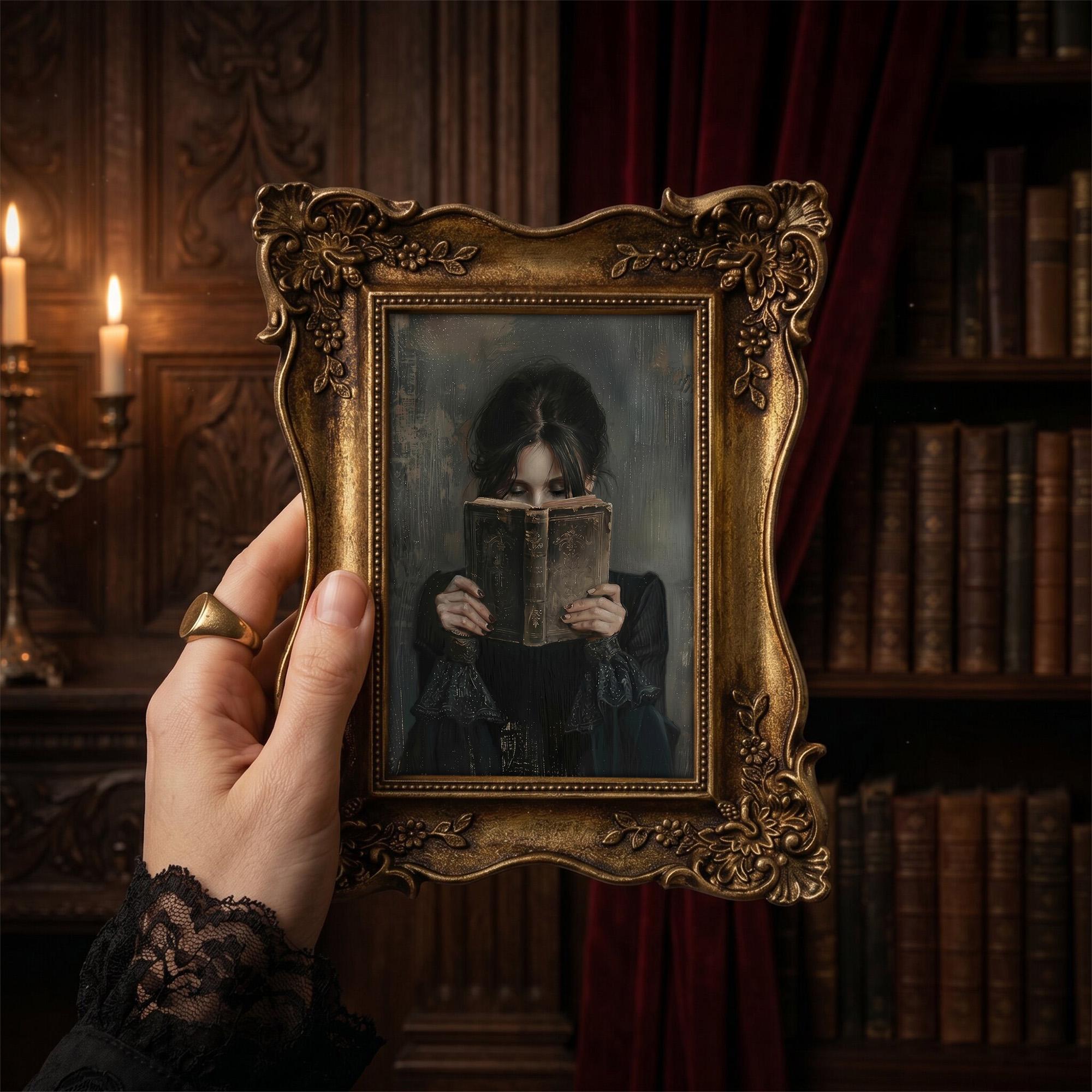 Moody Gothic Woman Reading Painting, Ornate Gold Framed Dark Academia Decor, Vintage Mystery Wall Art