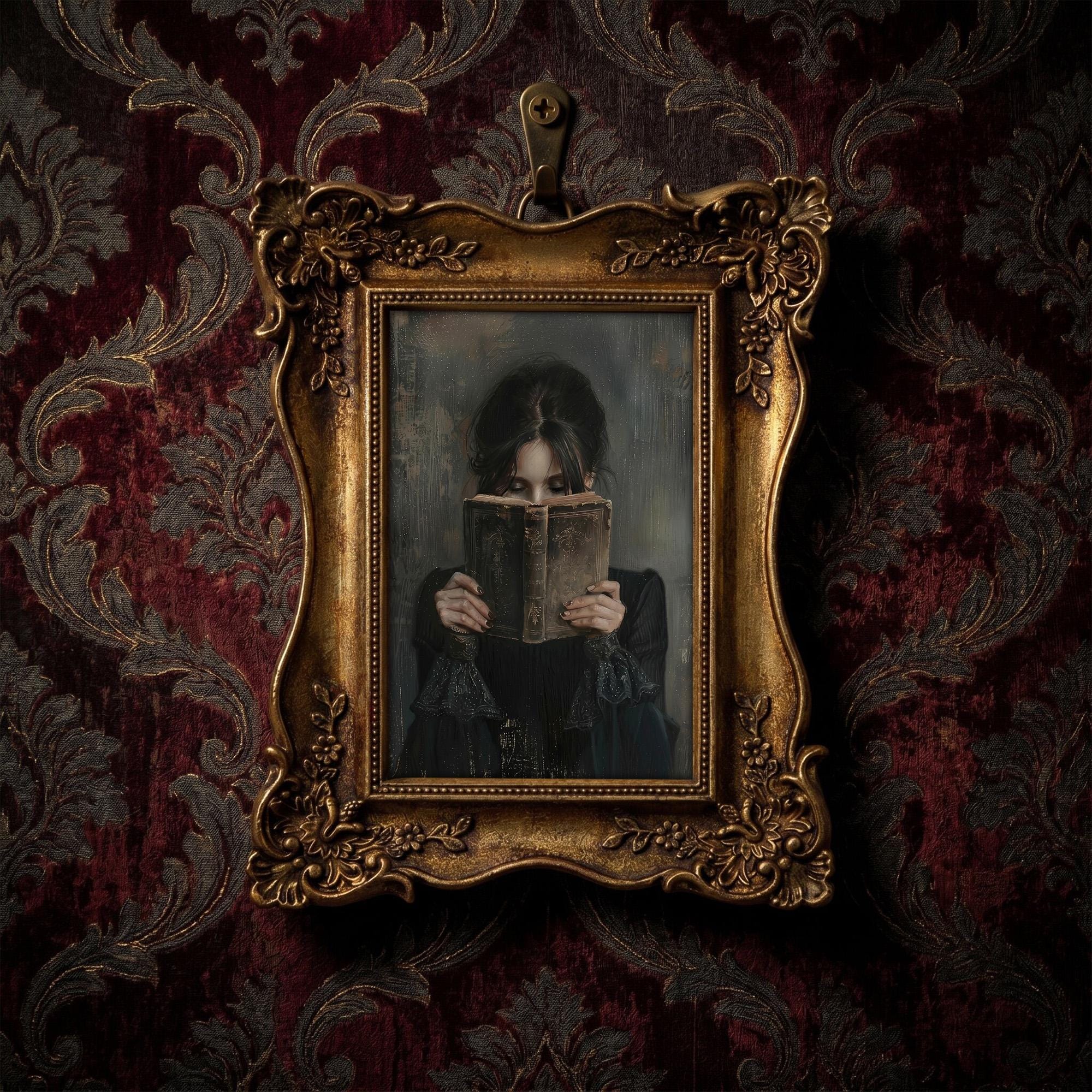 Moody Gothic Woman Reading Painting, Ornate Gold Framed Dark Academia Decor, Vintage Mystery Wall Art