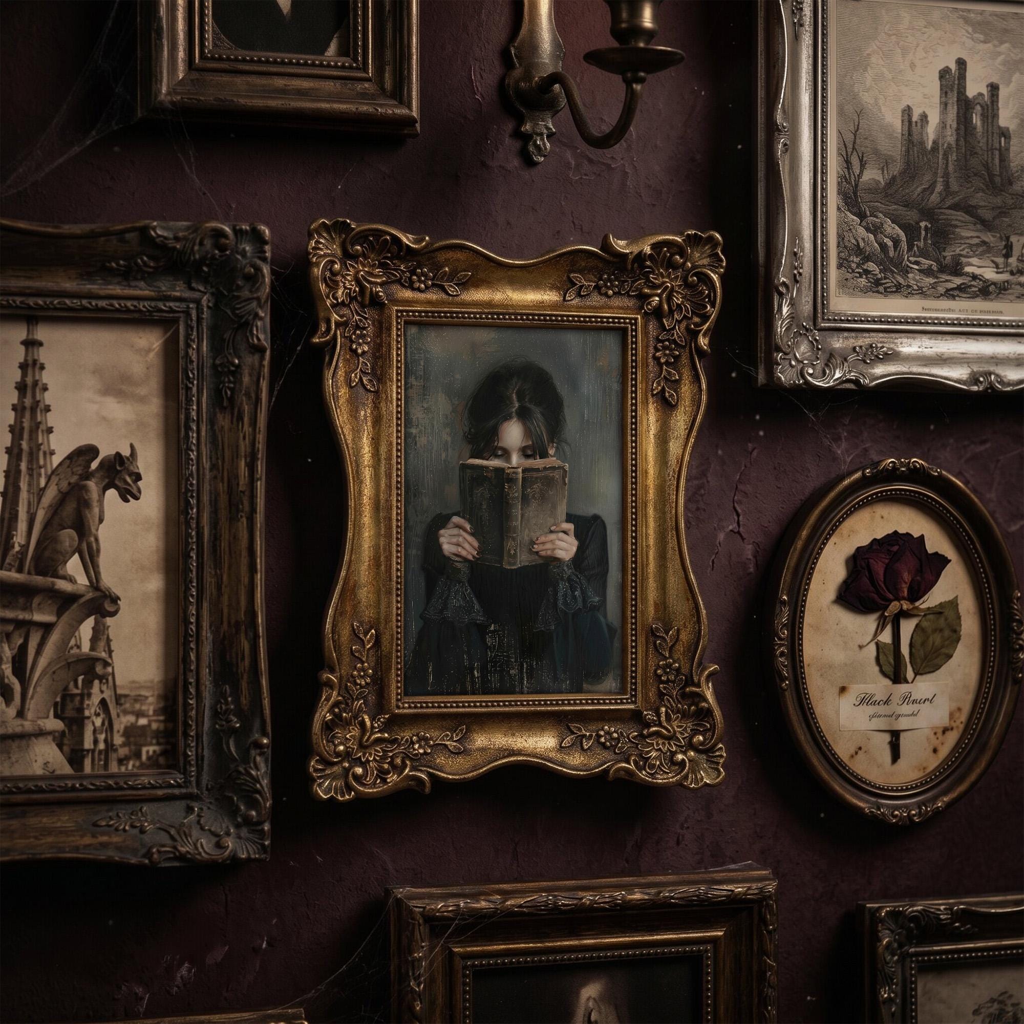Moody Gothic Woman Reading Painting, Ornate Gold Framed Dark Academia Decor, Vintage Mystery Wall Art