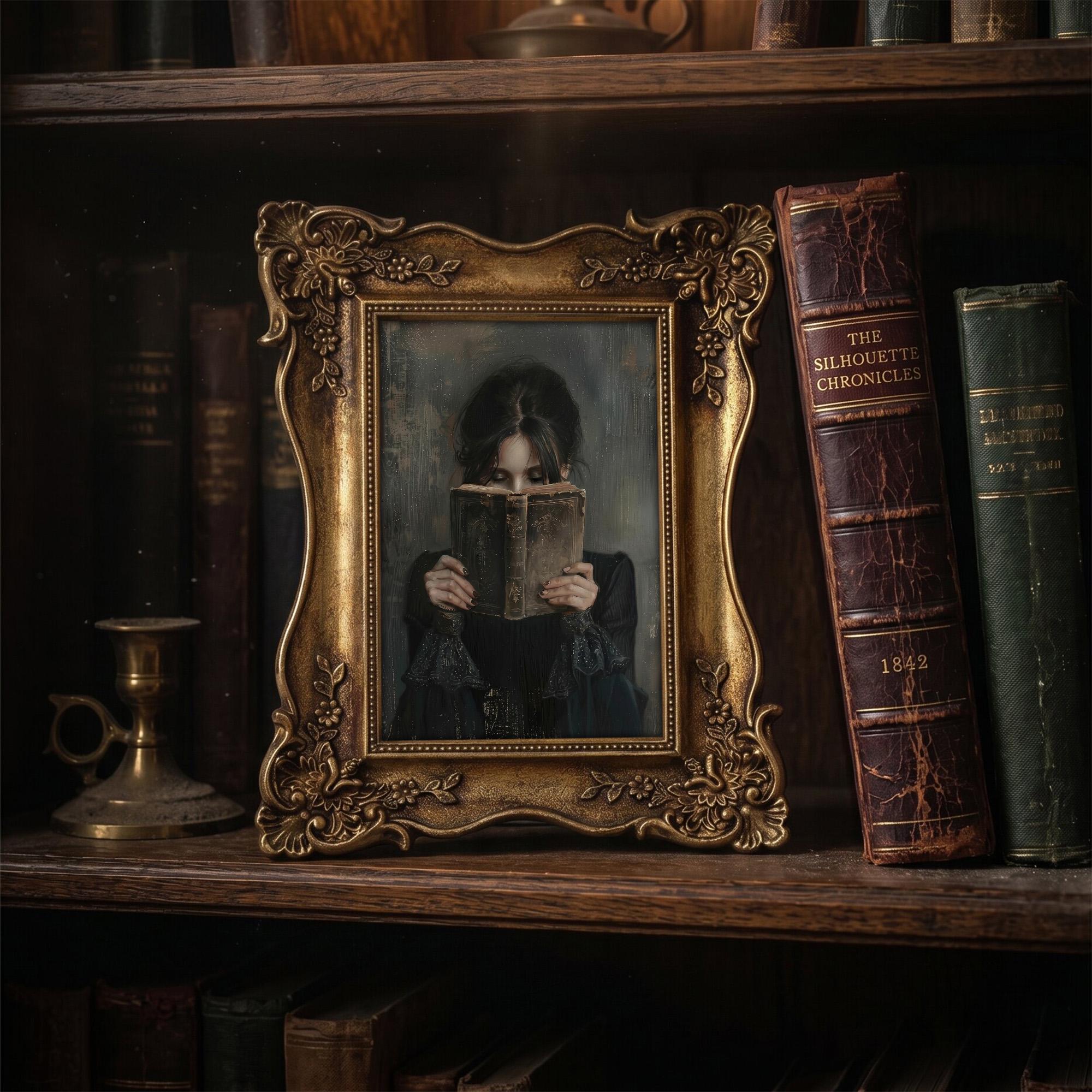 Moody Gothic Woman Reading Painting, Ornate Gold Framed Dark Academia Decor, Vintage Mystery Wall Art