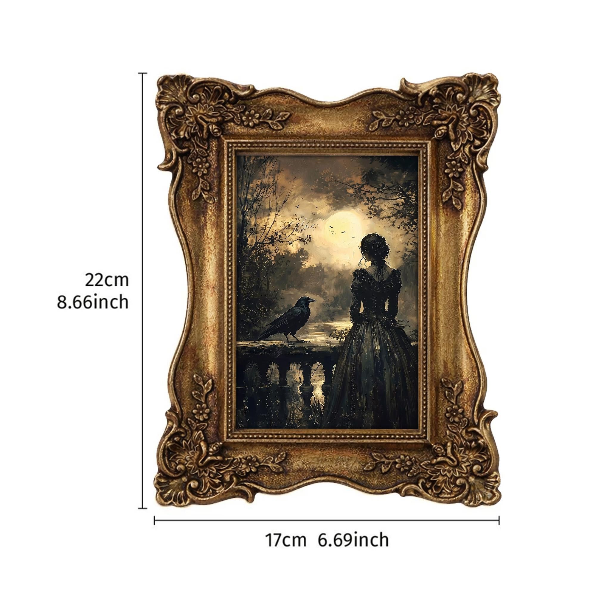 Gothic Woman and Raven Painting, Ornate Gold Framed Dark Academia Decor, Moody Moonlight Wall Art, Premium Resin Frame & Canvas, Witchy Gift