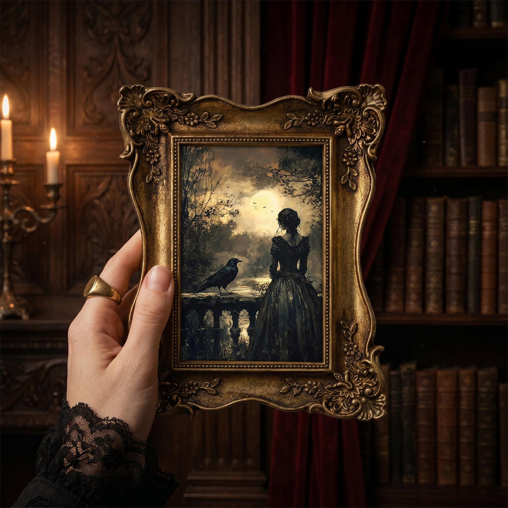 Gothic Woman and Raven Painting, Ornate Gold Framed Dark Academia Decor, Moody Moonlight Wall Art, Premium Resin Frame & Canvas, Witchy Gift