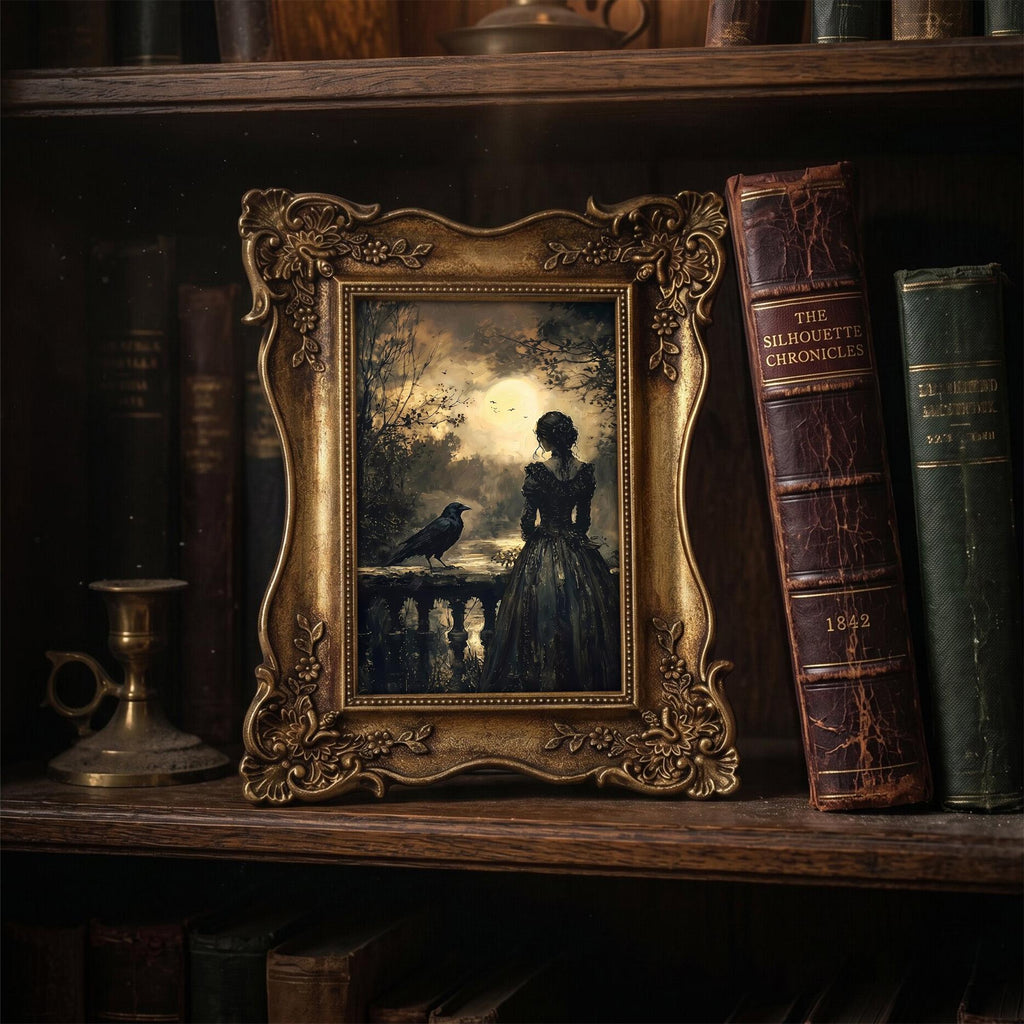 Gothic Woman and Raven Painting, Ornate Gold Framed Dark Academia Decor, Moody Moonlight Wall Art, Premium Resin Frame & Canvas, Witchy Gift