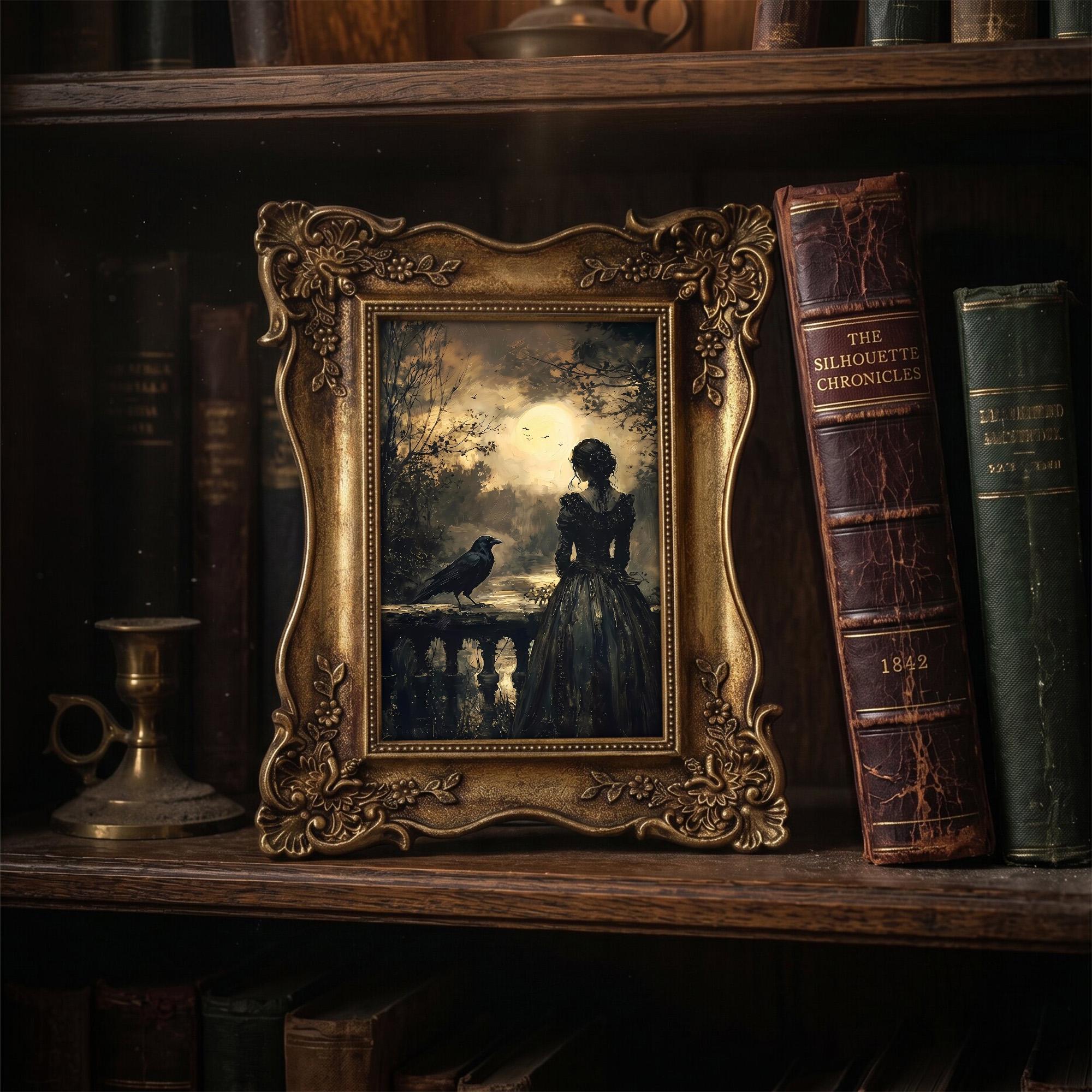 Gothic Woman and Raven Painting, Ornate Gold Framed Dark Academia Decor, Moody Moonlight Wall Art, Premium Resin Frame & Canvas, Witchy Gift