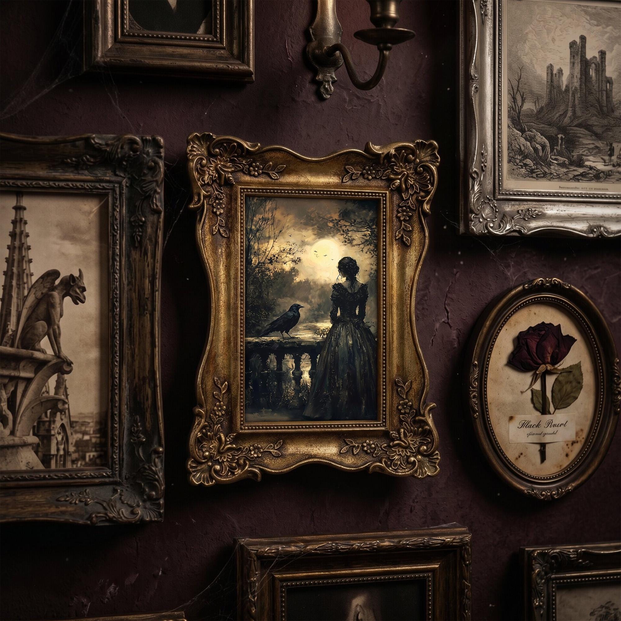 Gothic Woman and Raven Painting, Ornate Gold Framed Dark Academia Decor, Moody Moonlight Wall Art, Premium Resin Frame & Canvas, Witchy Gift
