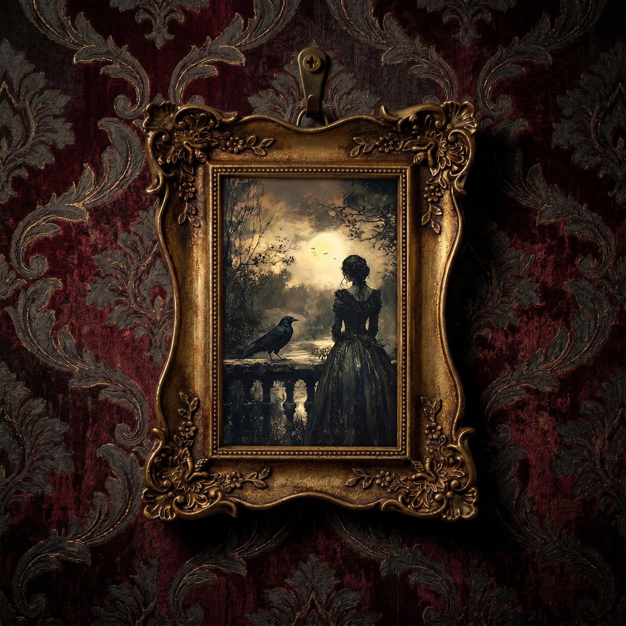 Gothic Woman and Raven Painting, Ornate Gold Framed Dark Academia Decor, Moody Moonlight Wall Art, Premium Resin Frame & Canvas, Witchy Gift