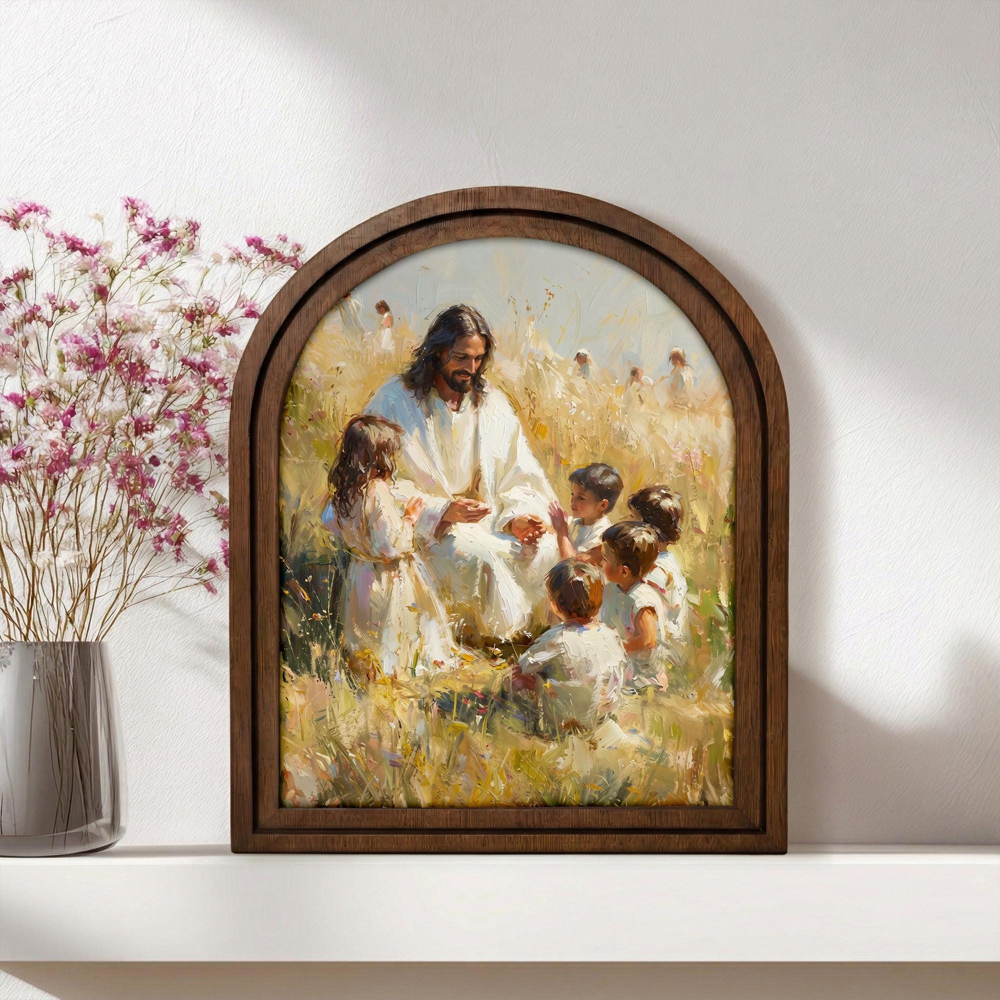 Christian Wall Art, Scripture Wall Art, Jesus Wall Art, Kids Room Art, Jesus and Children Arch Wood Wall Art, Christian Arch Frame