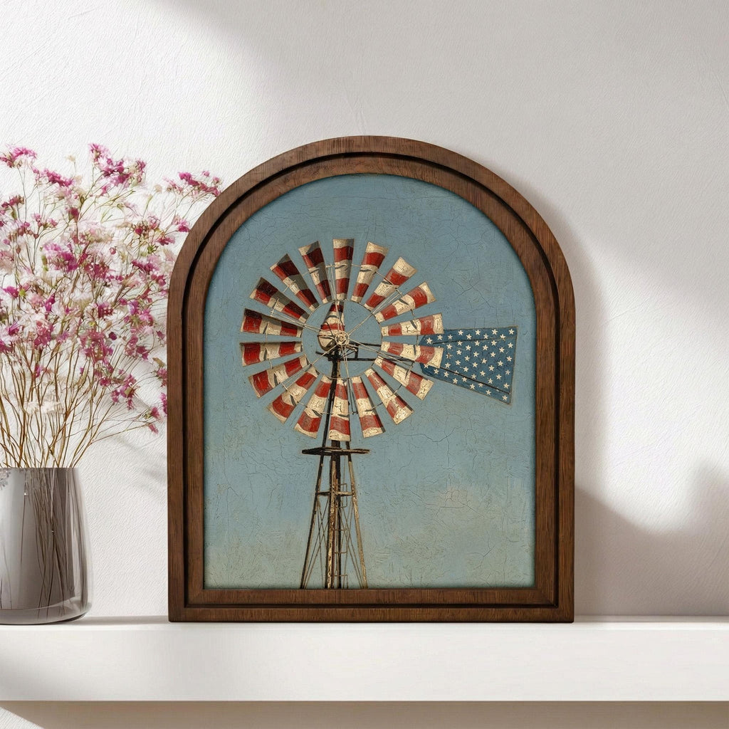 Patriotic Decor,4th of July Wall Art,America 250 Wood Framed Canvas,USA 250 Anniversary Decor,1776-2026 Patriotic Gift,Rustic Windmill Art