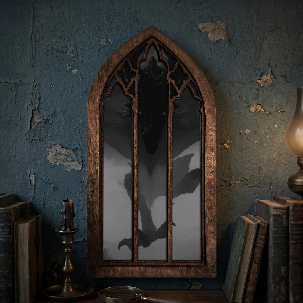 Dark Dragon Painting, Gothic Window Wall Art, Mythical Monster Print, Cathedral Arch Frame, Dark Academia Decor, Wood Laser Cut Layer Art