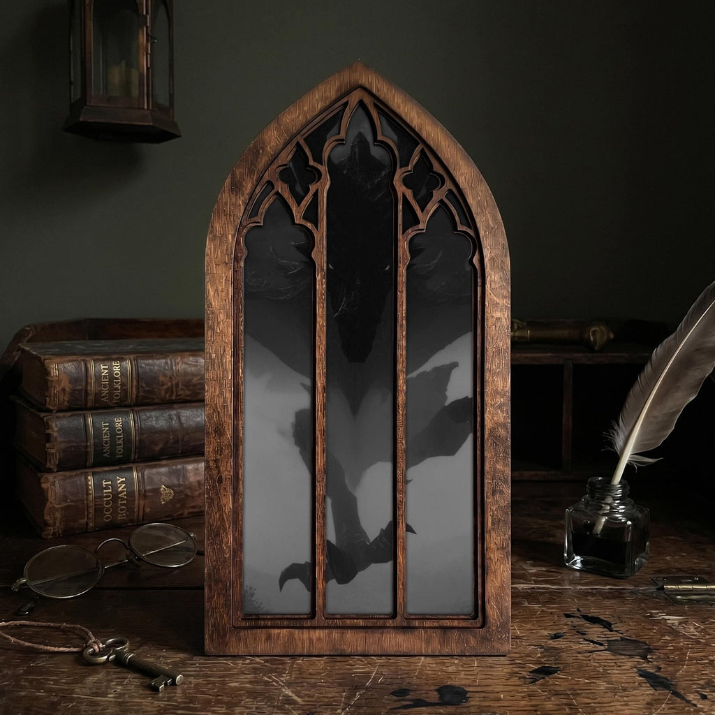 Dark Dragon Painting, Gothic Window Wall Art, Mythical Monster Print, Cathedral Arch Frame, Dark Academia Decor, Wood Laser Cut Layer Art