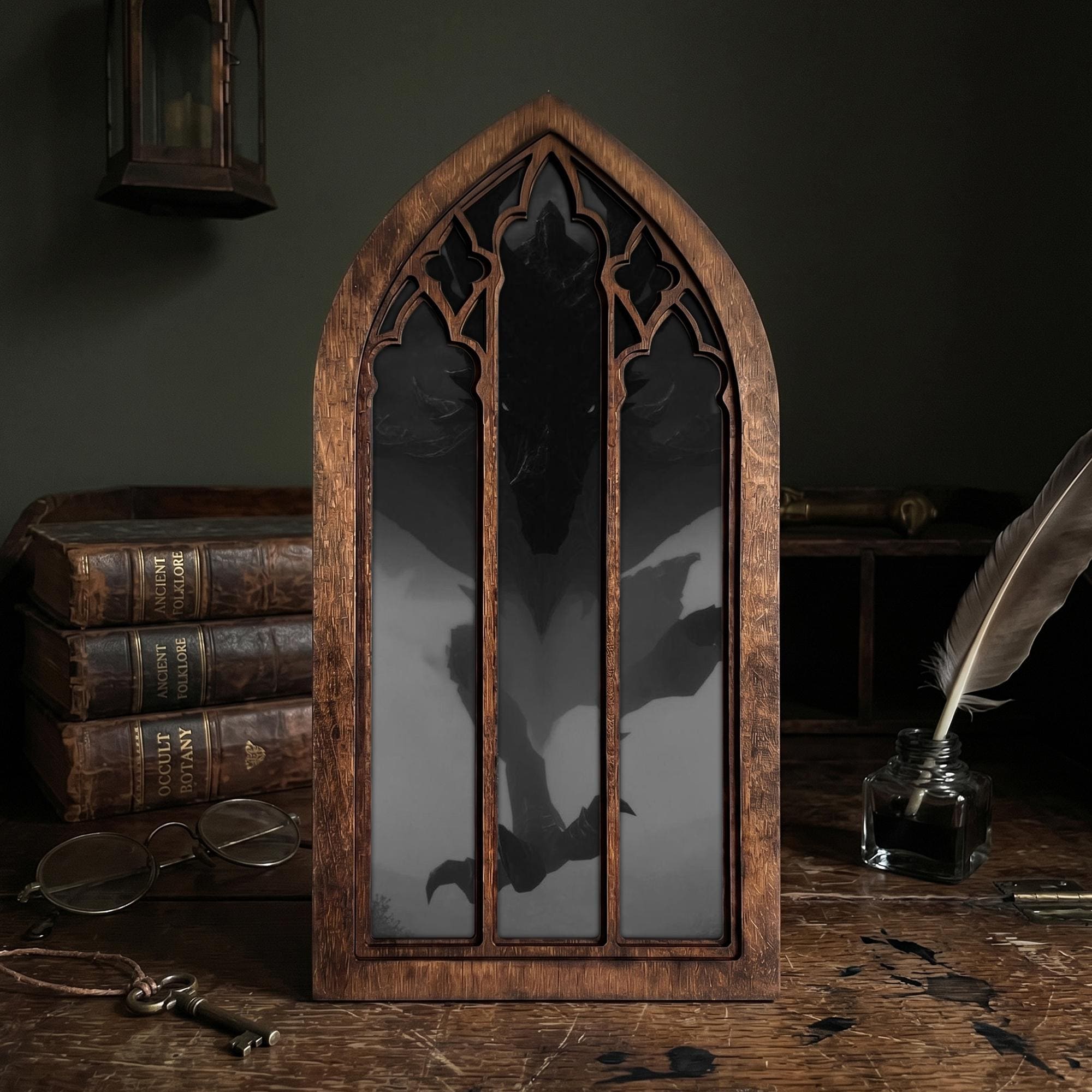 Dark Dragon Painting, Gothic Window Wall Art, Mythical Monster Print, Cathedral Arch Frame, Dark Academia Decor, Wood Laser Cut Layer Art