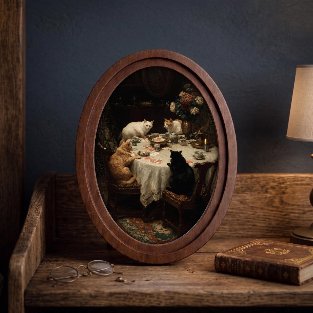 Victorian Cats Playing Cards 3D Wood Wall Art - Framed Layered Plywood Canvas Decor - Unique Pet Lover Gift - 7x9 9x11 11x14 14x18 Inches