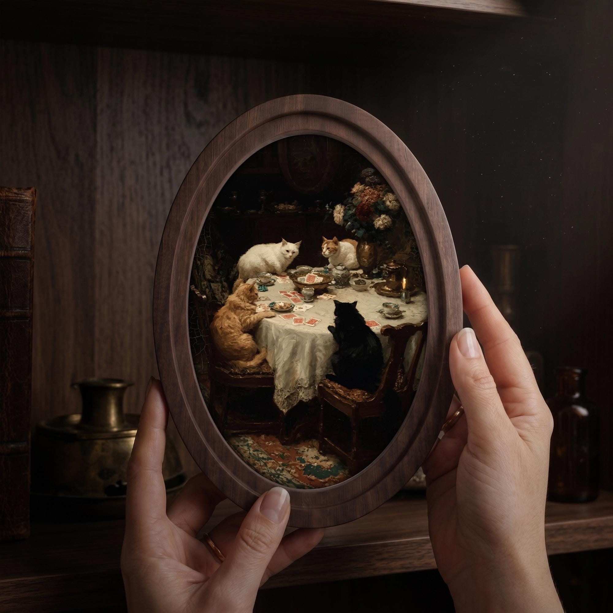 Victorian Cats Playing Cards 3D Wood Wall Art - Framed Layered Plywood Canvas Decor - Unique Pet Lover Gift - 7x9 9x11 11x14 14x18 Inches