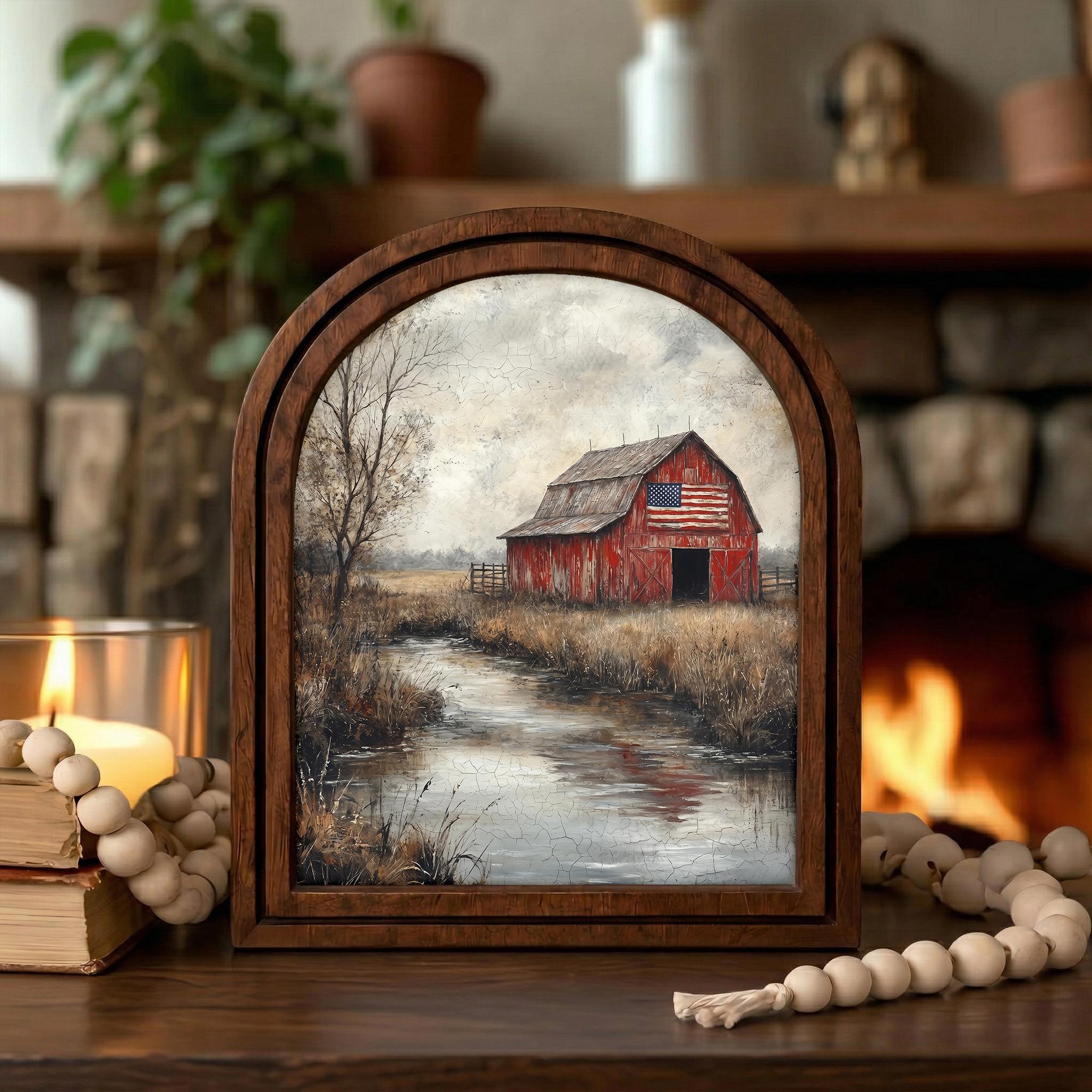 Farmhouse Wall Art, Patriotic Red Barn, American Flag Poster, Vintage Landscape Print, Rustic Wood Canvas Art, Country Scenery Decor, Gift