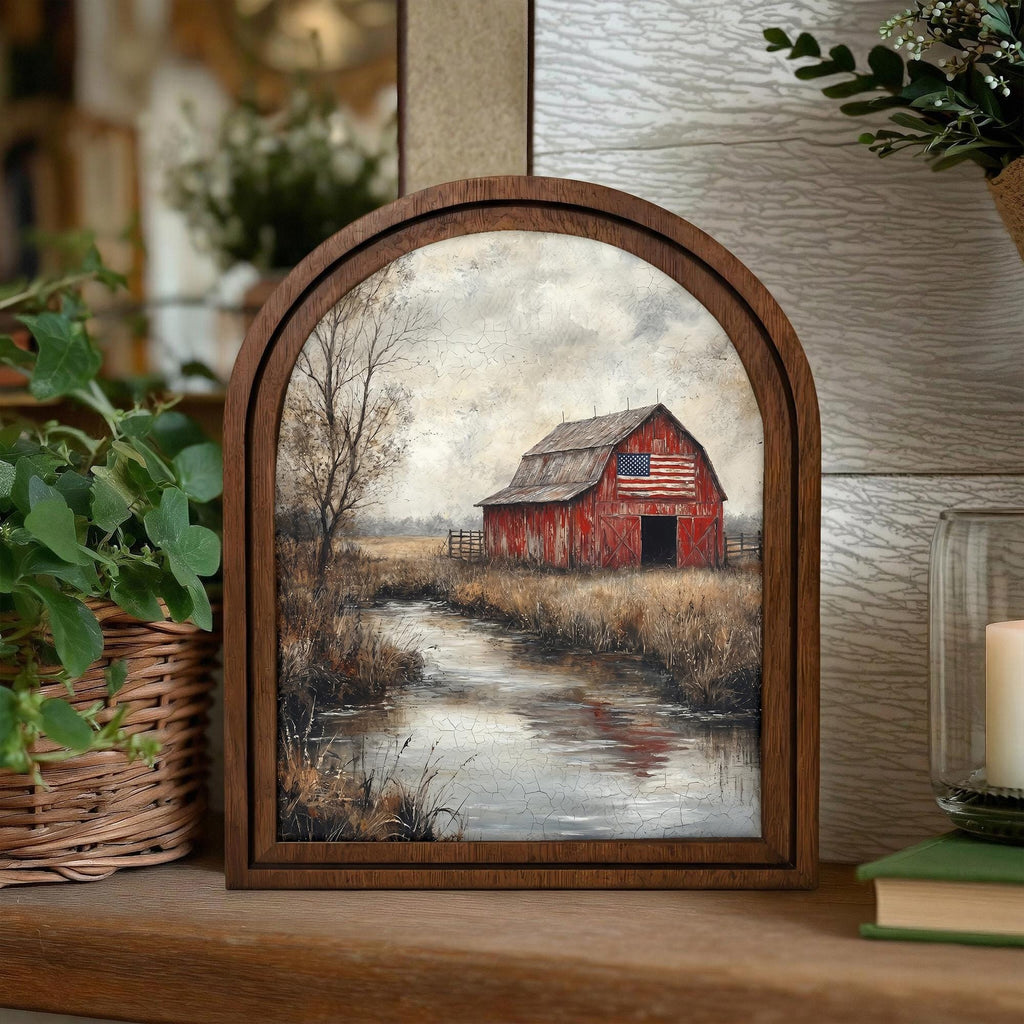 Farmhouse Wall Art, Patriotic Red Barn, American Flag Poster, Vintage Landscape Print, Rustic Wood Canvas Art, Country Scenery Decor, Gift
