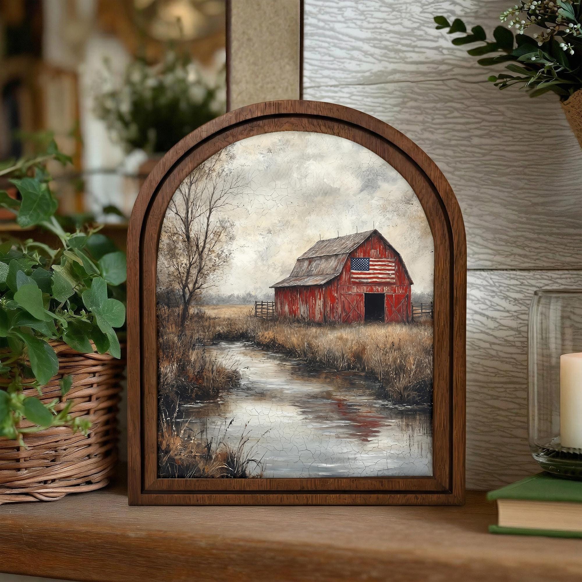 Farmhouse Wall Art, Patriotic Red Barn, American Flag Poster, Vintage Landscape Print, Rustic Wood Canvas Art, Country Scenery Decor, Gift