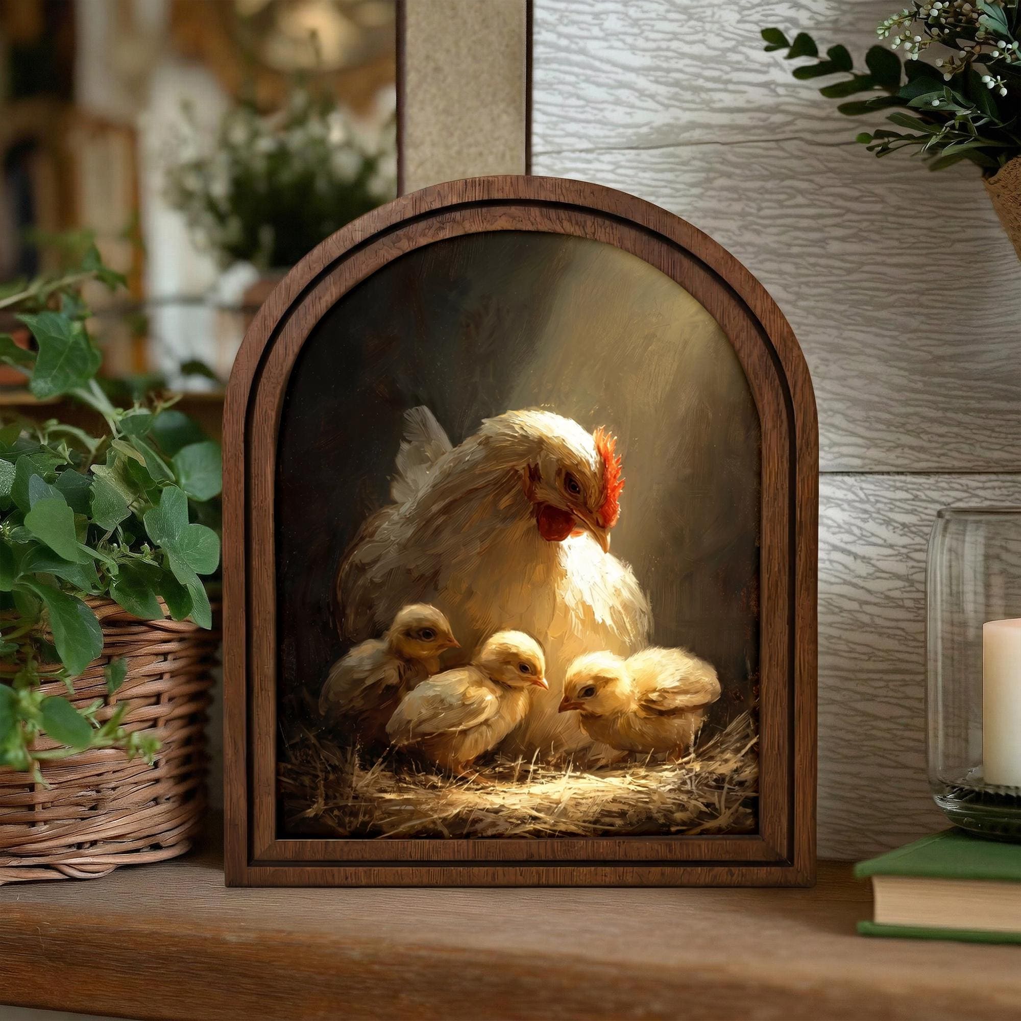 Chicken Wall Art - Mother Hen and Chicks 3D Wood Art - Farmhouse Kitchen Decor - Arched Frame Countryside Canvas - 7x9 9x11 11x14 14x18 Inch
