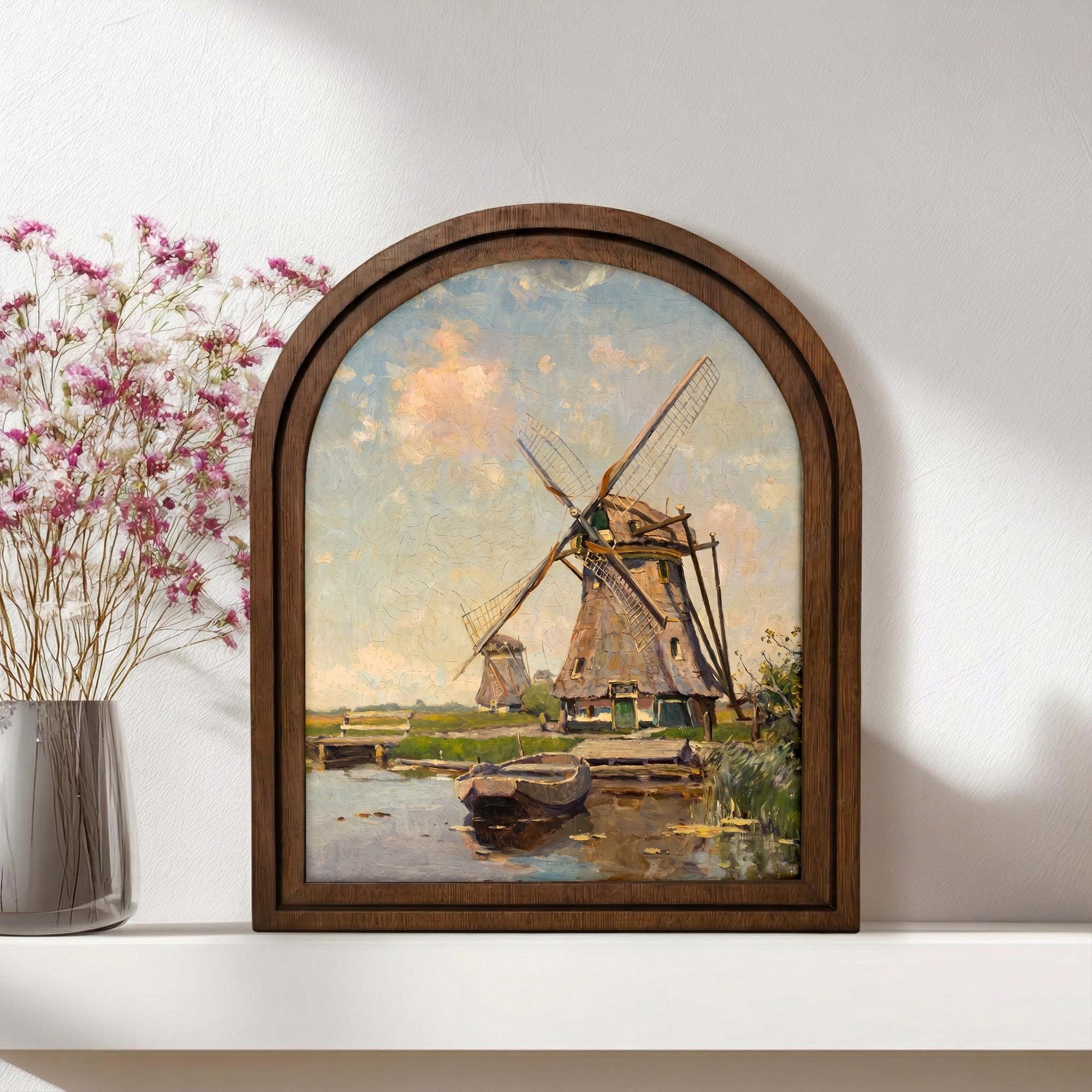 Windmill Wall Art, Vintage Landscape Art, Countryside Painting, Dutch Scenery Decor, Rustic Wood Canvas Art, Antique River Print, Gift