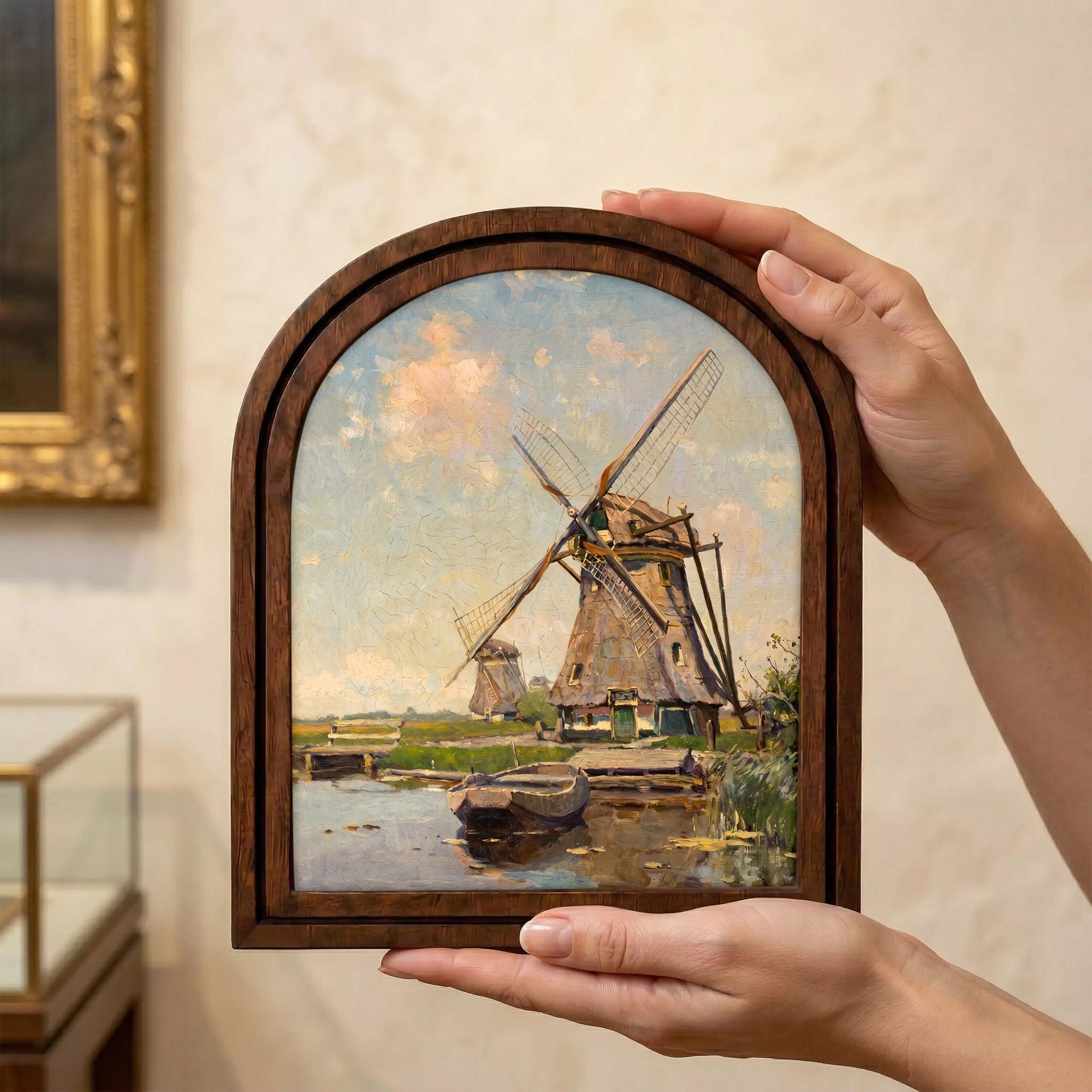 Windmill Wall Art, Vintage Landscape Art, Countryside Painting, Dutch Scenery Decor, Rustic Wood Canvas Art, Antique River Print, Gift