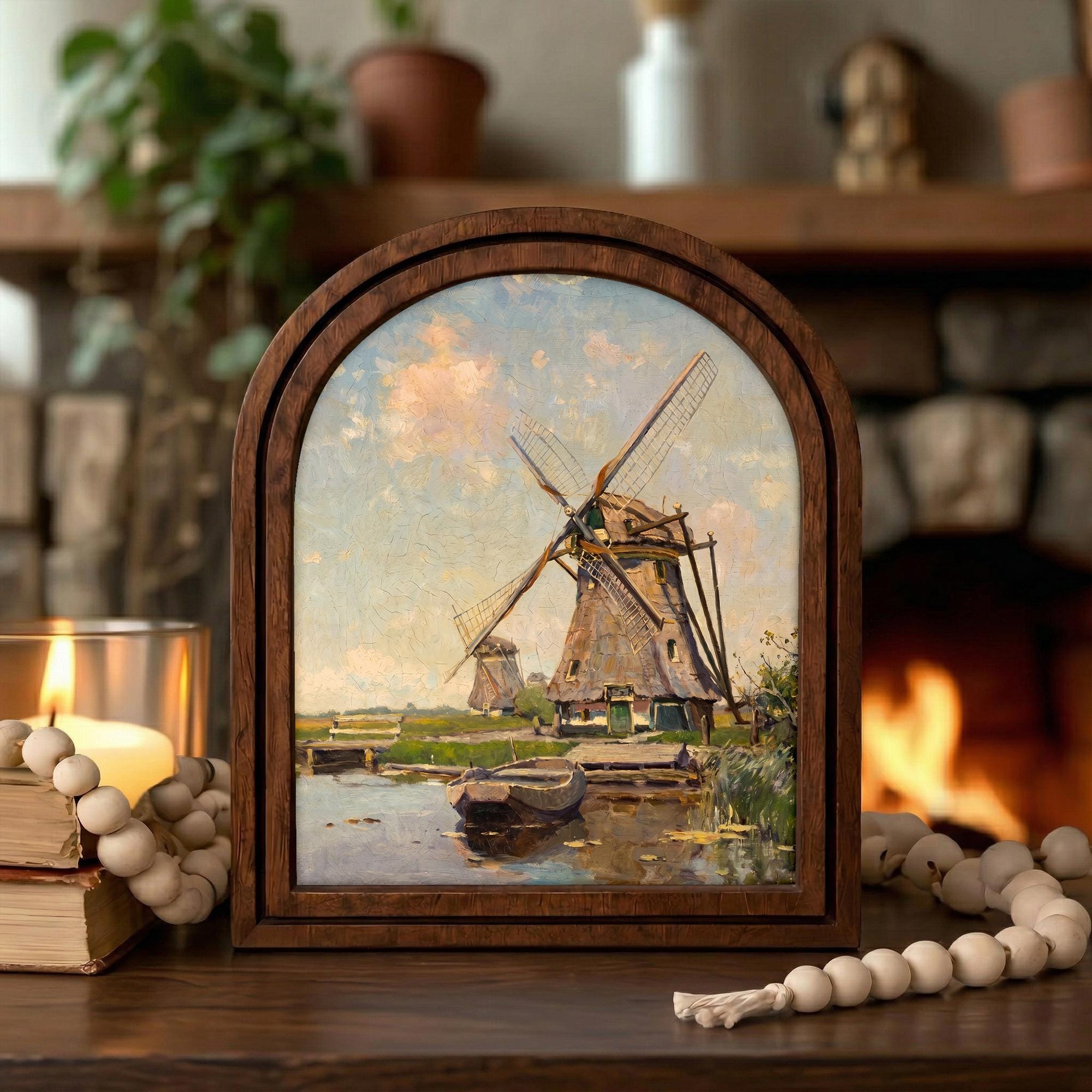 Windmill Wall Art, Vintage Landscape Art, Countryside Painting, Dutch Scenery Decor, Rustic Wood Canvas Art, Antique River Print, Gift