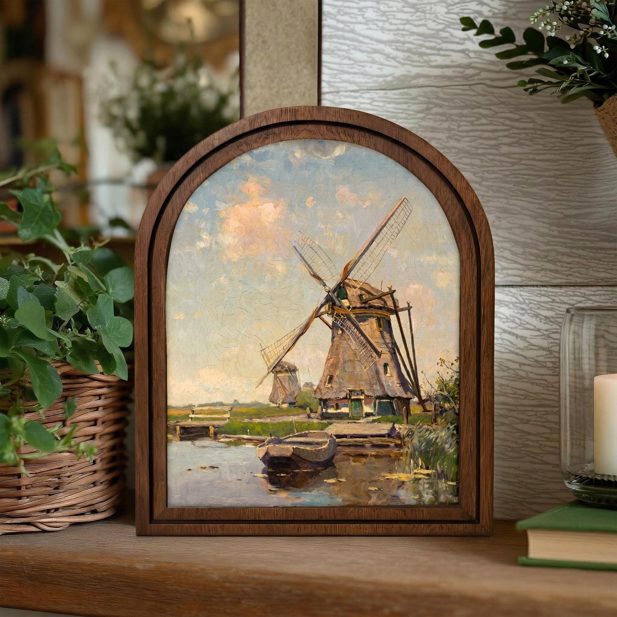 Windmill Wall Art, Vintage Landscape Art, Countryside Painting, Dutch Scenery Decor, Rustic Wood Canvas Art, Antique River Print, Gift