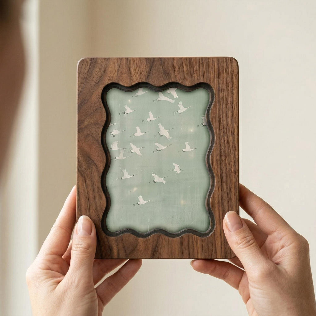 Wavy Scalloped Wood Picture Frame, 3-Layer Plywood Walnut Finish Wall Art, Unique Squiggle Photo Frame 7x9 9x11 11x14 14x18, Modern Gift