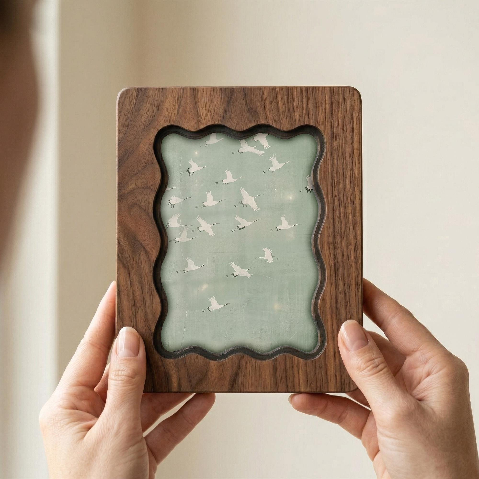 Wavy Scalloped Wood Picture Frame, 3-Layer Plywood Walnut Finish Wall Art, Unique Squiggle Photo Frame 7x9 9x11 11x14 14x18, Modern Gift