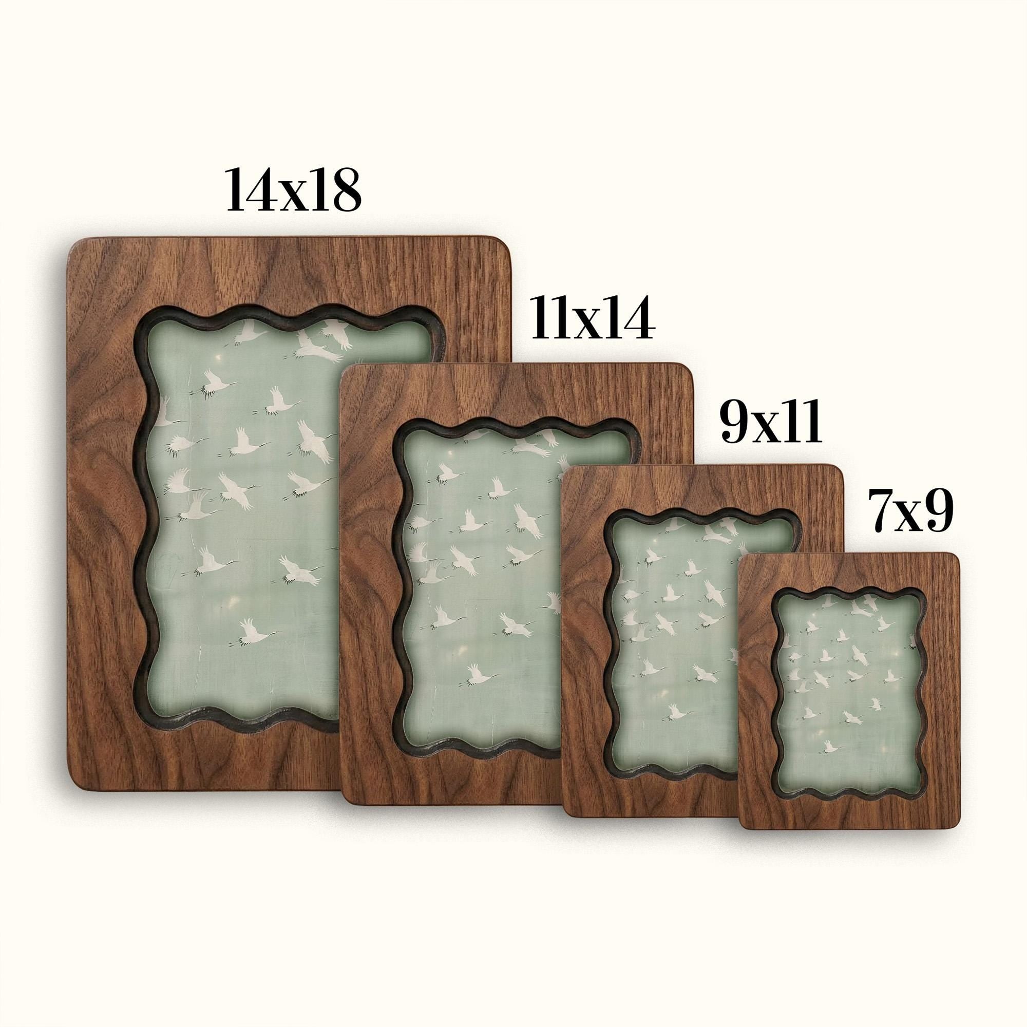 Wavy Scalloped Wood Picture Frame, 3-Layer Plywood Walnut Finish Wall Art, Unique Squiggle Photo Frame 7x9 9x11 11x14 14x18, Modern Gift