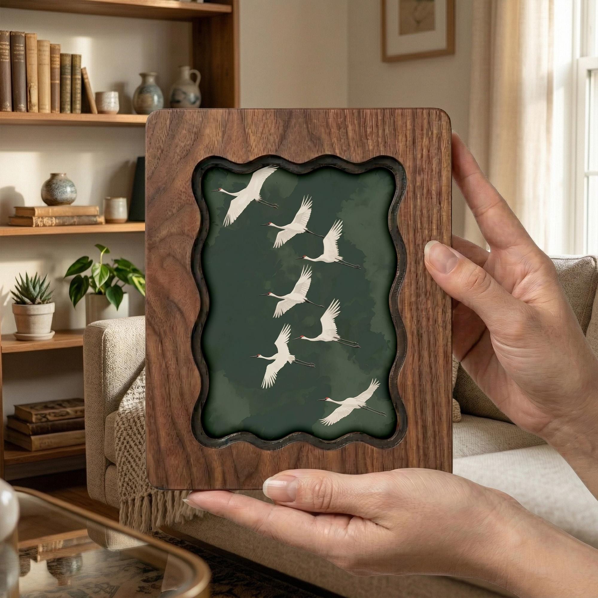Wavy Scalloped Wood Picture Frame, 3-Layer Plywood Walnut Finish Art Decor, Handcrafted Squiggle Photo Frame 7x9 9x11 11x14 14x18, Desk Gift