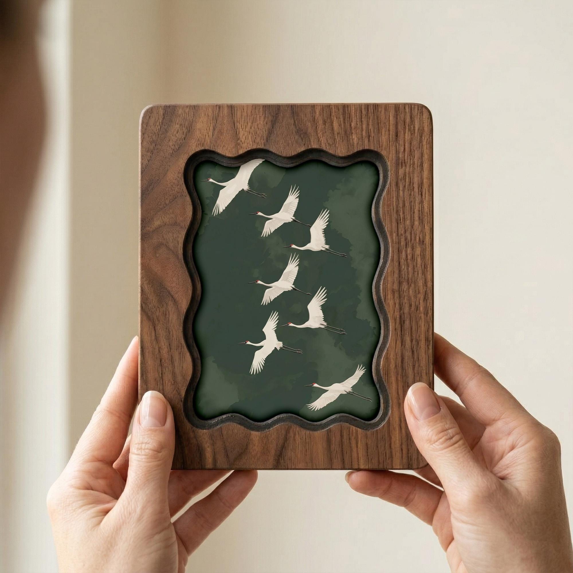 Wavy Scalloped Wood Picture Frame, 3-Layer Plywood Walnut Finish Art Decor, Handcrafted Squiggle Photo Frame 7x9 9x11 11x14 14x18, Desk Gift