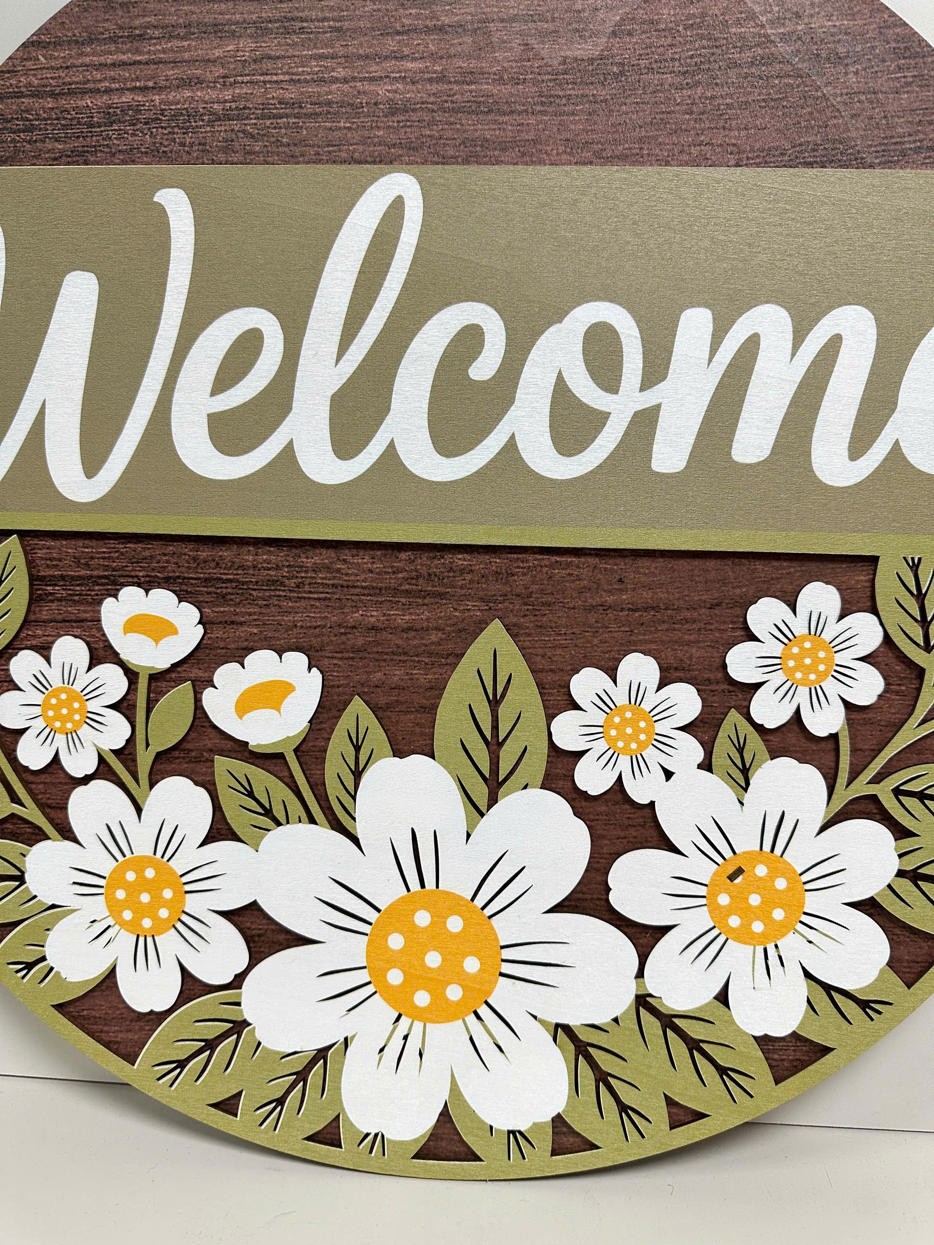 Daisy Welcome Sign | Round Wooden Door Hanger | Floral Porch Decor | Spring Front Door Wreath | New Home Housewarming Gift