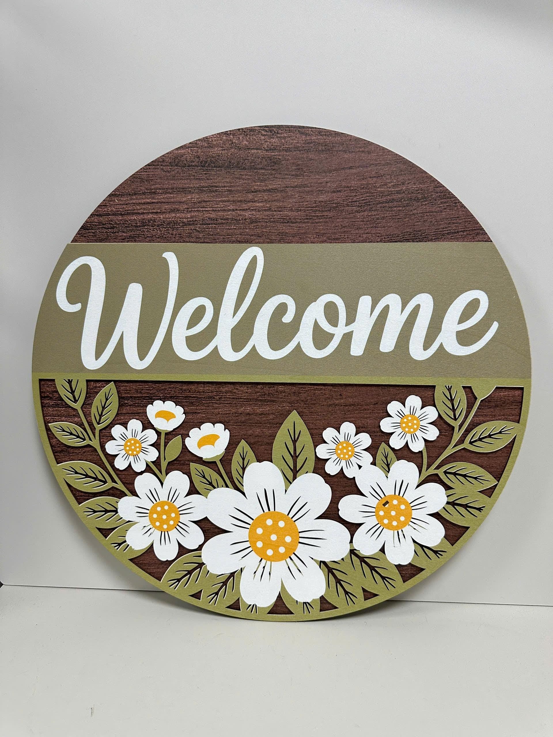 Daisy Welcome Sign | Round Wooden Door Hanger | Floral Porch Decor | Spring Front Door Wreath | New Home Housewarming Gift