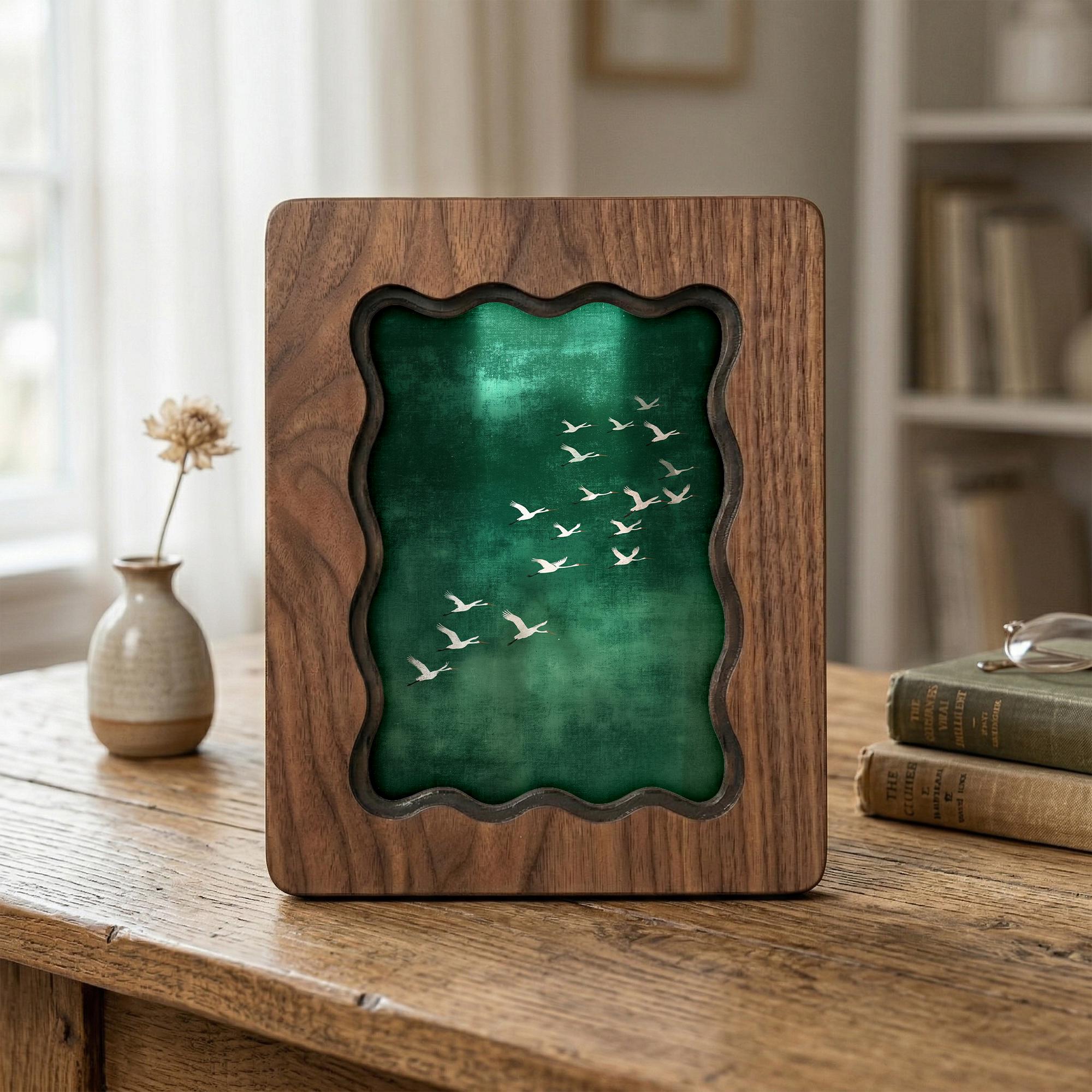 Wavy Scalloped Wood Picture Frame, 3-Layer Plywood Walnut Finish Art Decor, Unique Squiggle Photo Frame 7x9 9x11 11x14 14x18, Tabletop Gift