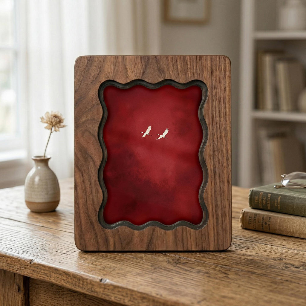Wavy Scalloped Wood Picture Frame, 3-Layer Plywood Walnut Finish Wall Decor, Small to Large Photo Frame 7x9 9x11 11x14 14x18, Unique Gift