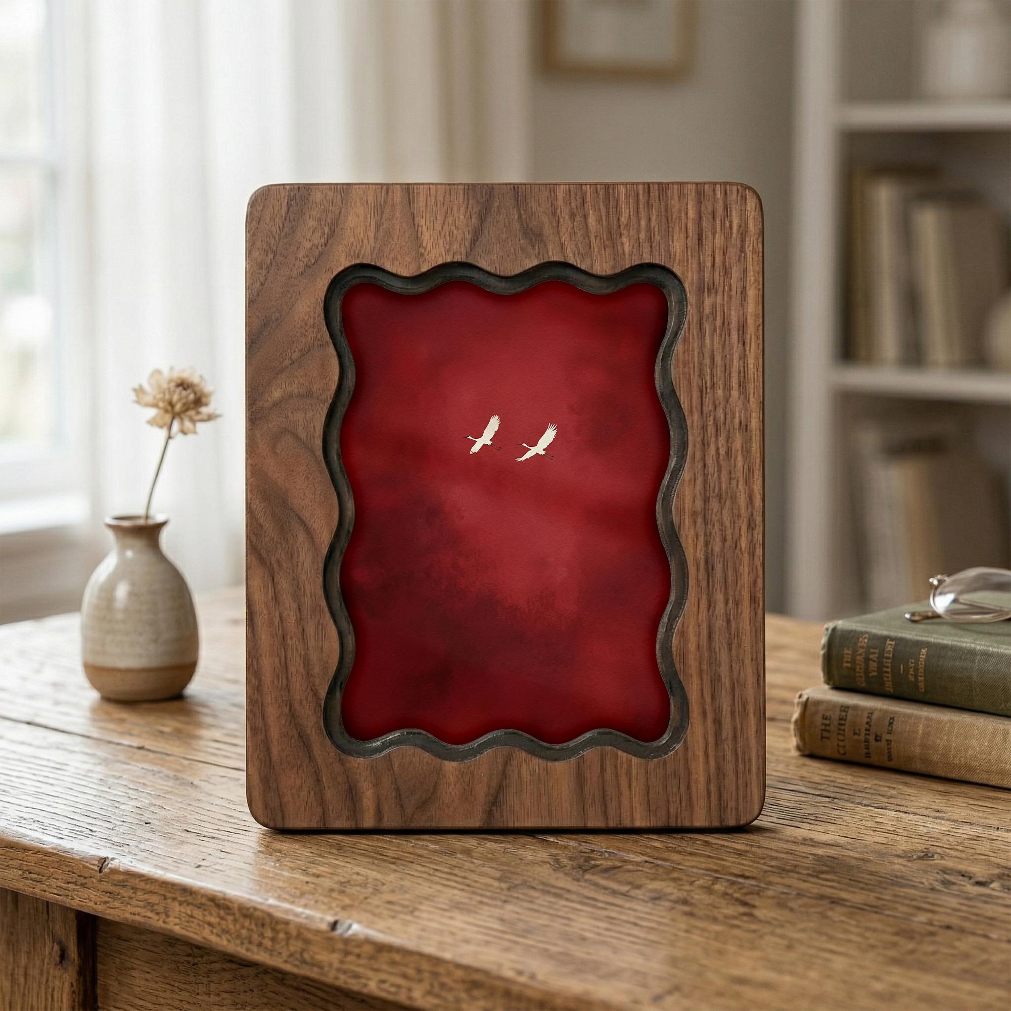 Wavy Scalloped Wood Picture Frame, 3-Layer Plywood Walnut Finish Wall Decor, Small to Large Photo Frame 7x9 9x11 11x14 14x18, Unique Gift