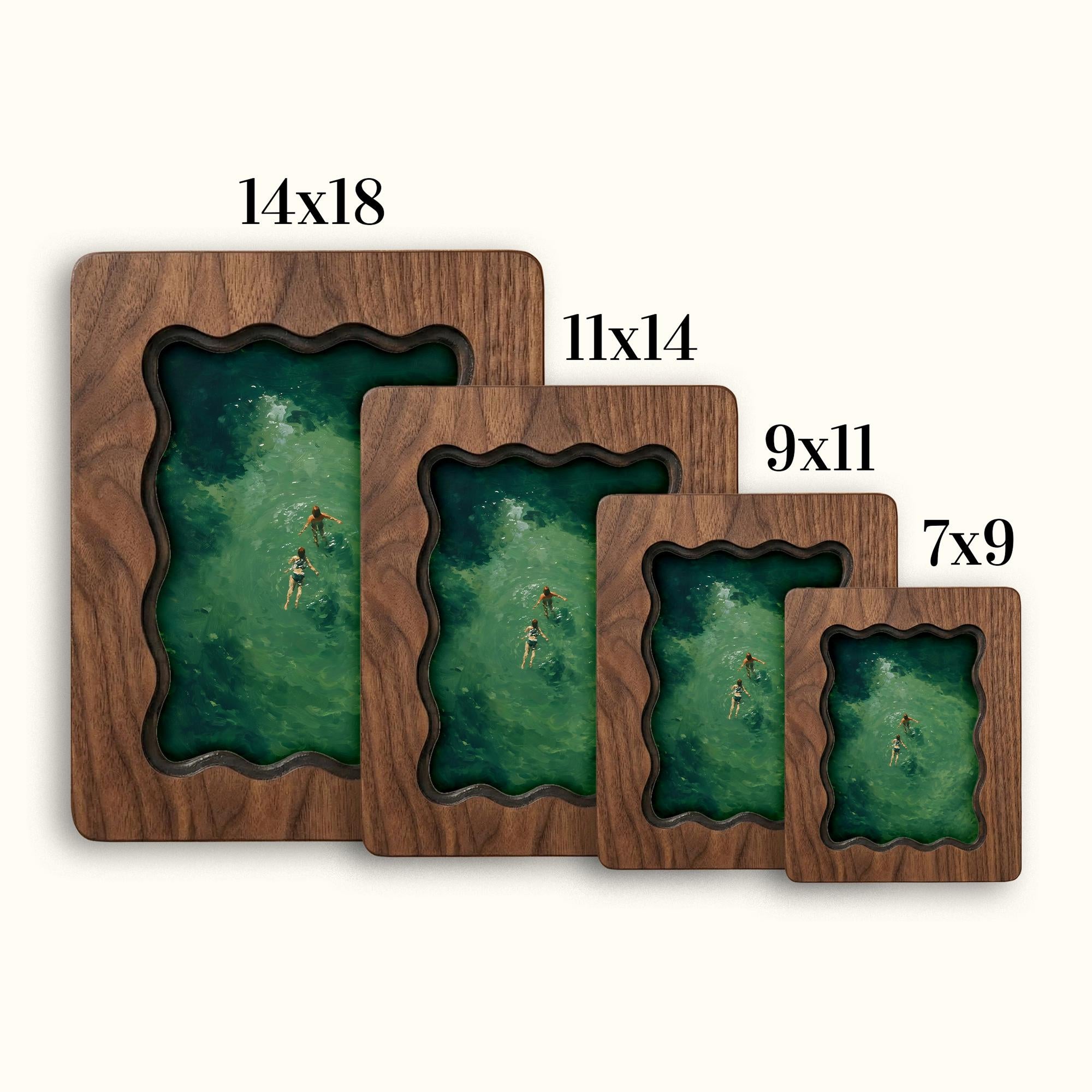 Wavy Scalloped Wood Picture Frame, 3-Layer Plywood Walnut Finish Wall Decor, Small to Large Photo Frame 7x9 9x11 11x14 14x18, Unique Gift