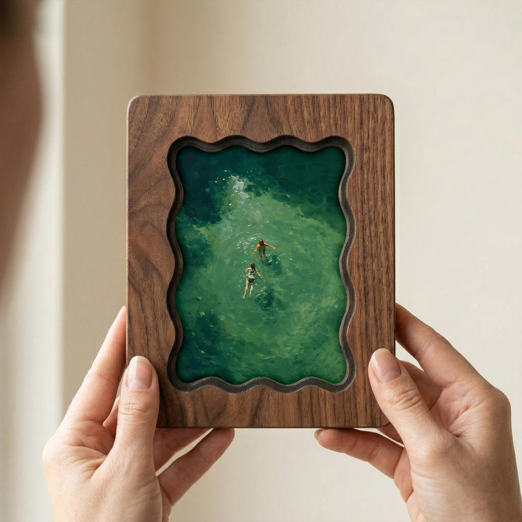 Wavy Scalloped Wood Picture Frame, 3-Layer Plywood Walnut Finish Wall Decor, Small to Large Photo Frame 7x9 9x11 11x14 14x18, Unique Gift