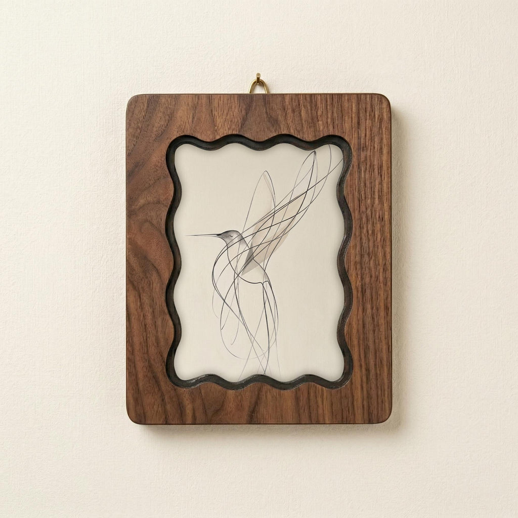 Walnut Wavy Scalloped Wooden Frame with Abstract Hummingbird Art, Handmade 3-Layer Plywood Wall Decor, Multiple Sizes 7x9-14x18