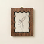Walnut Wavy Scalloped Wooden Frame with Abstract Hummingbird Art, Handmade 3-Layer Plywood Wall Decor, Multiple Sizes 7x9-14x18