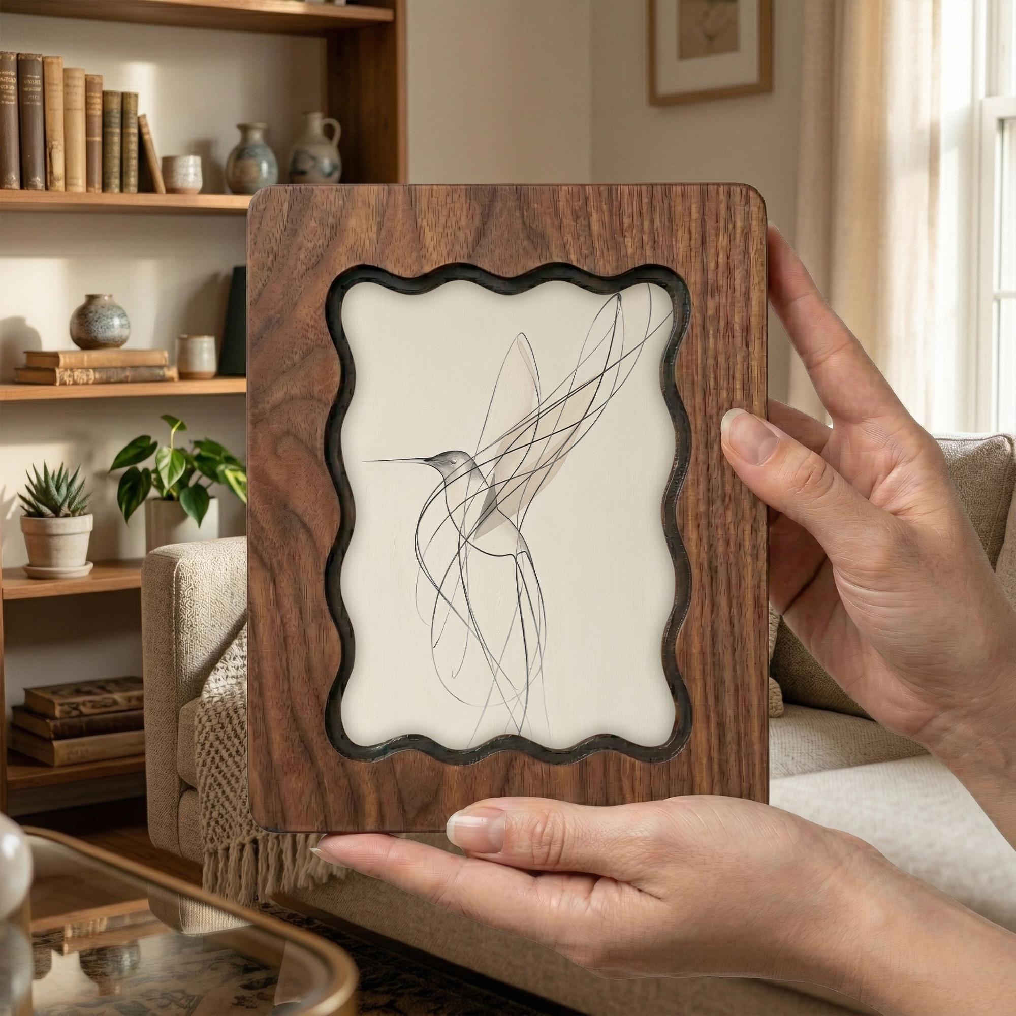 Walnut Wavy Scalloped Wooden Frame with Abstract Hummingbird Art, Handmade 3-Layer Plywood Wall Decor, Multiple Sizes 7x9-14x18