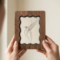 Walnut Wavy Scalloped Wooden Frame with Abstract Hummingbird Art, Handmade 3-Layer Plywood Wall Decor, Multiple Sizes 7x9-14x18