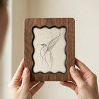 Walnut Wavy Scalloped Wooden Frame with Abstract Hummingbird Art, Handmade 3-Layer Plywood Wall Decor, Multiple Sizes 7x9-14x18