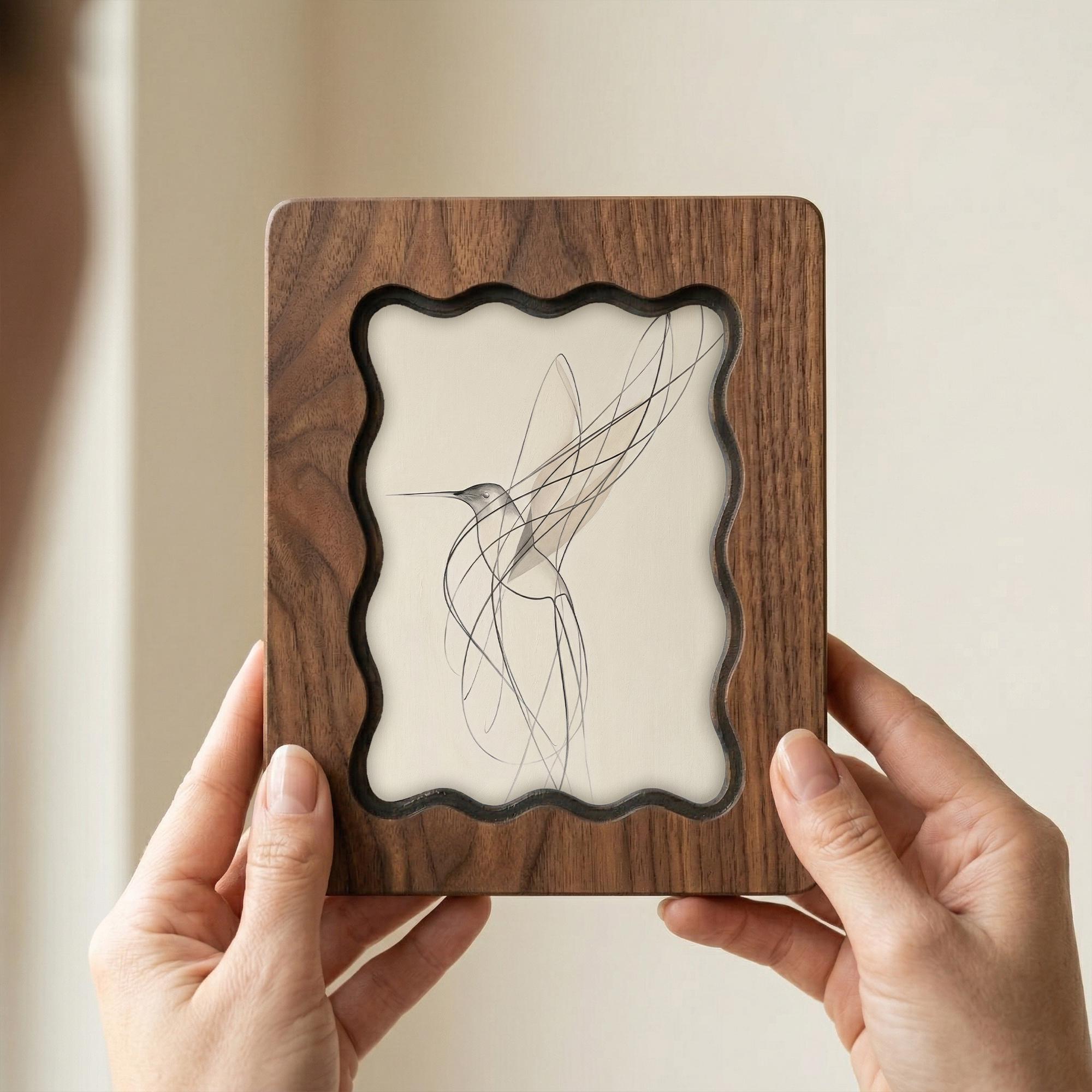 Walnut Wavy Scalloped Wooden Frame with Abstract Hummingbird Art, Handmade 3-Layer Plywood Wall Decor, Multiple Sizes 7x9-14x18