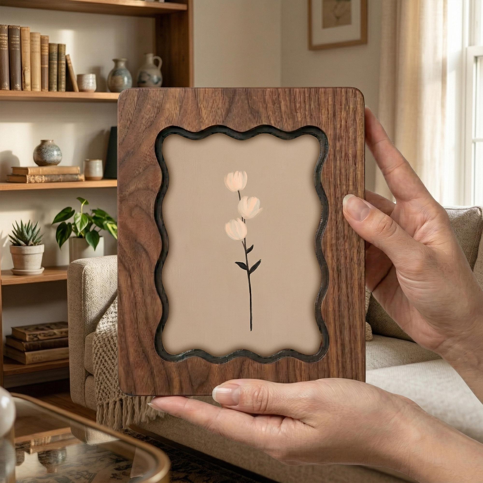 Wavy Scalloped Wooden Picture Frame, 3-Layer Plywood Walnut Finish Photo Frame, Minimalist Floral Wall Art Decor, 7x9 9x11 11x14 14x18