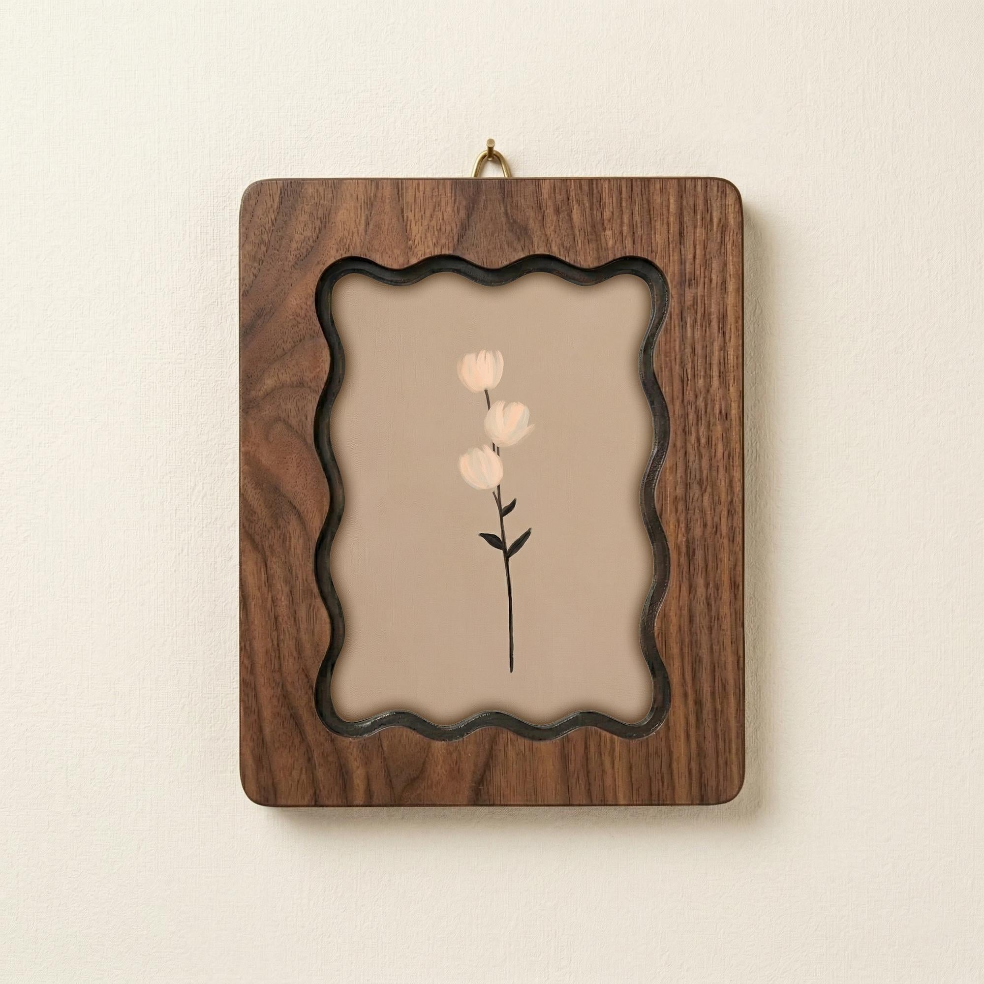 Wavy Scalloped Wooden Picture Frame, 3-Layer Plywood Walnut Finish Photo Frame, Minimalist Floral Wall Art Decor, 7x9 9x11 11x14 14x18